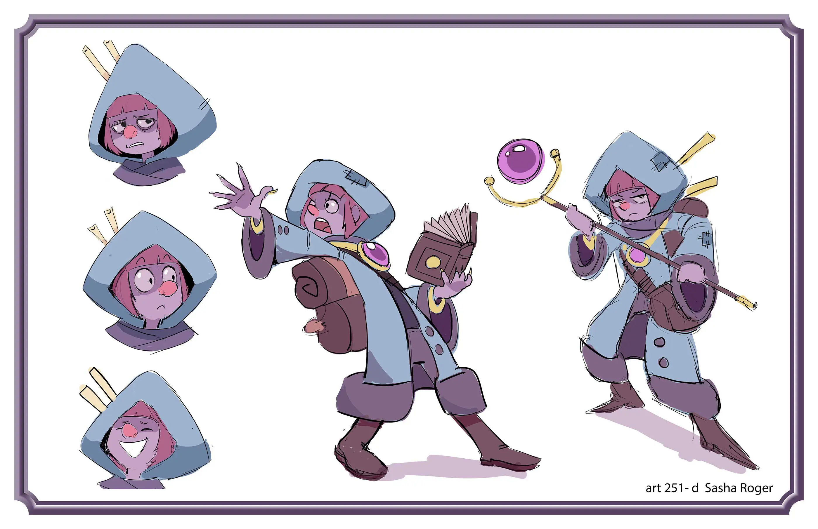 A drawing of a mage in different stances and expressions.