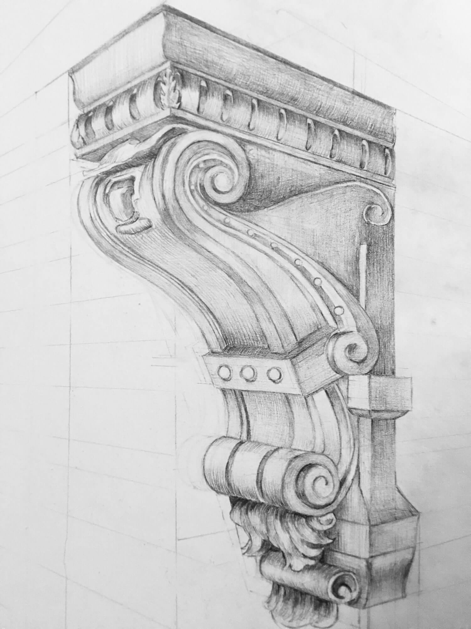 Sketch of a pillar with fancy architecture.