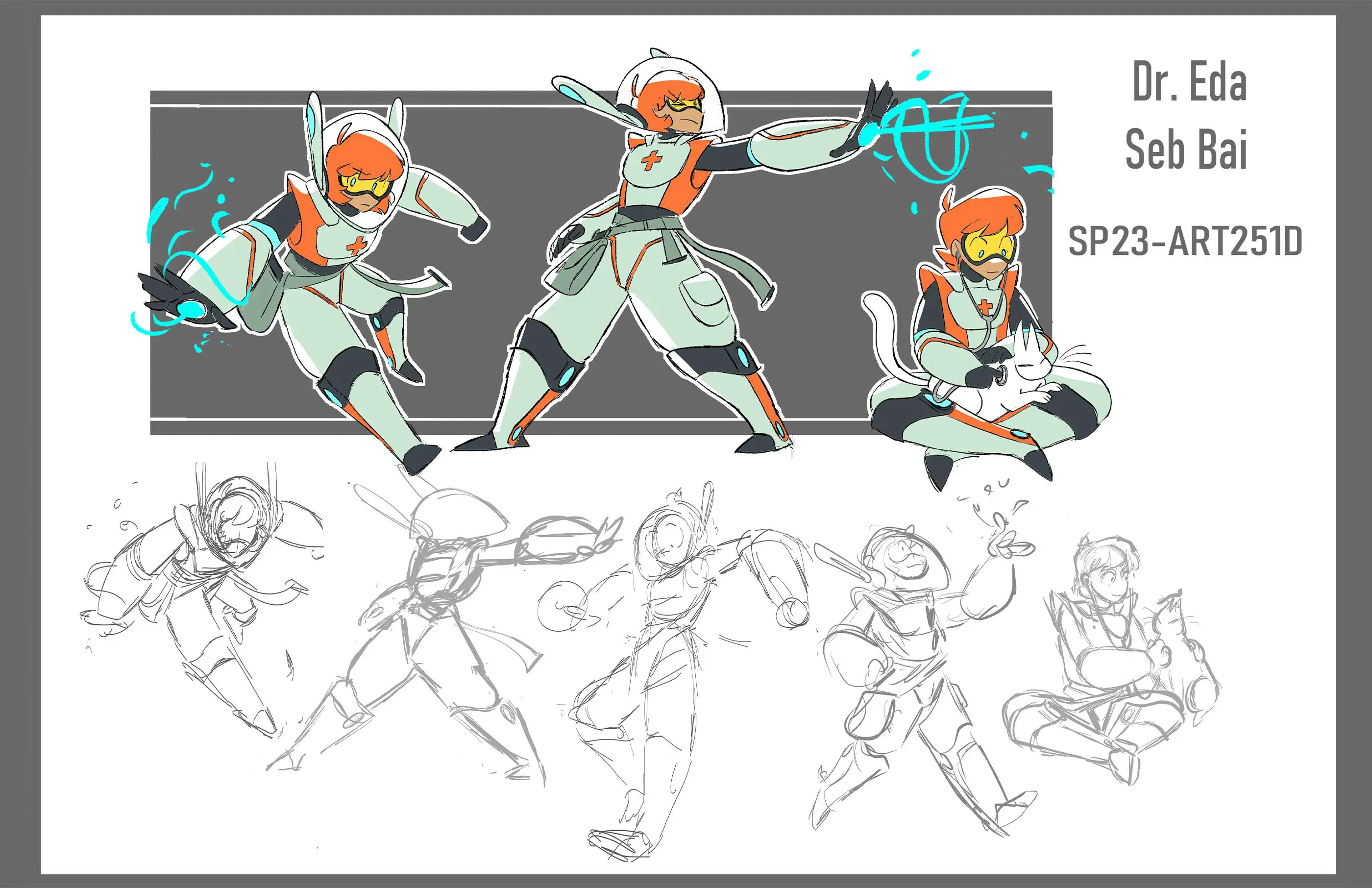 Drawings of a medic in space suit.