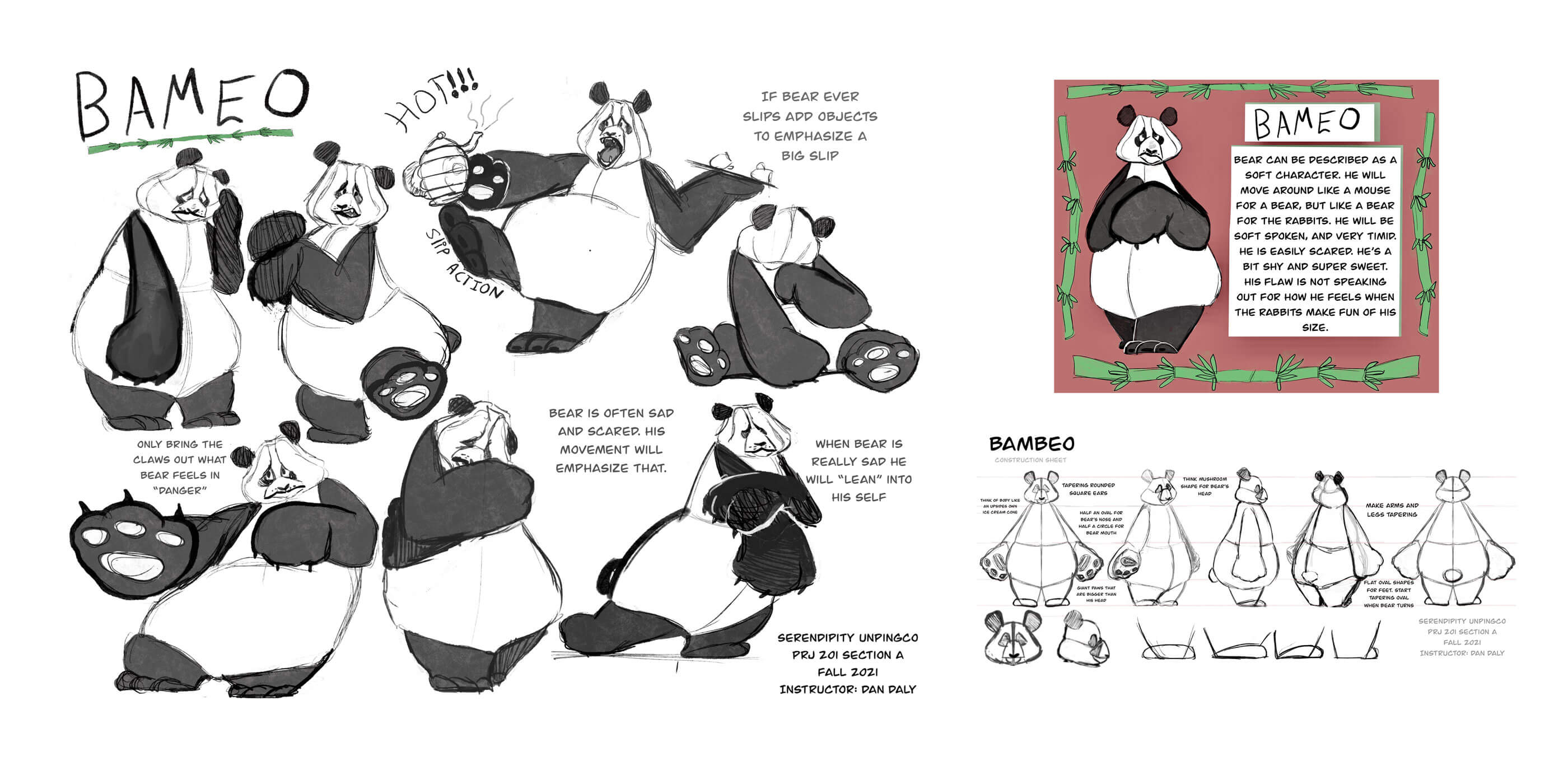 A character sheet concept of a clumsy panda with a sad expression.