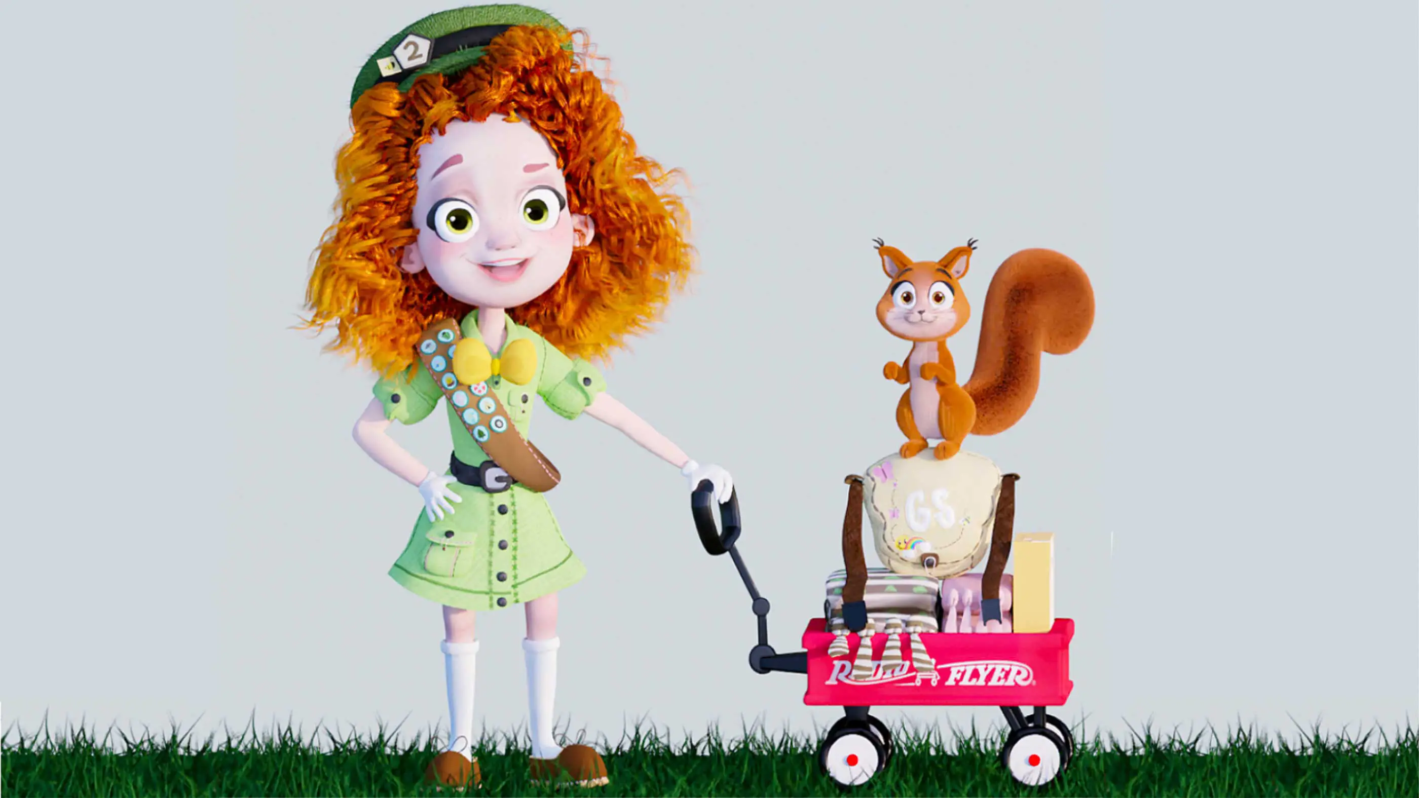 A 3D render of a girl scout pulling a wagon with a squirrel passenger.