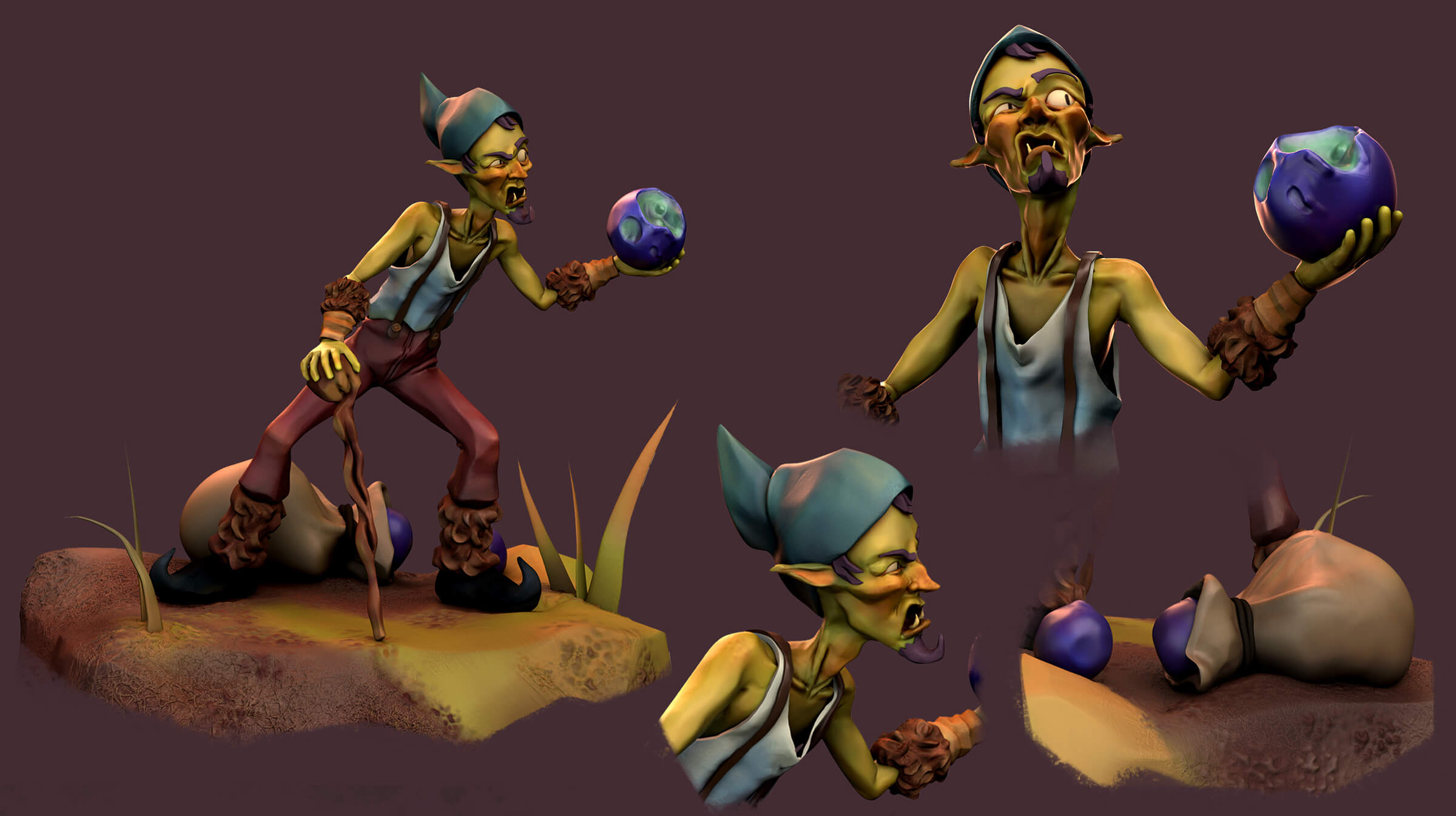 Multiple views of an elf wearing a pointy hat, carrying a ball 