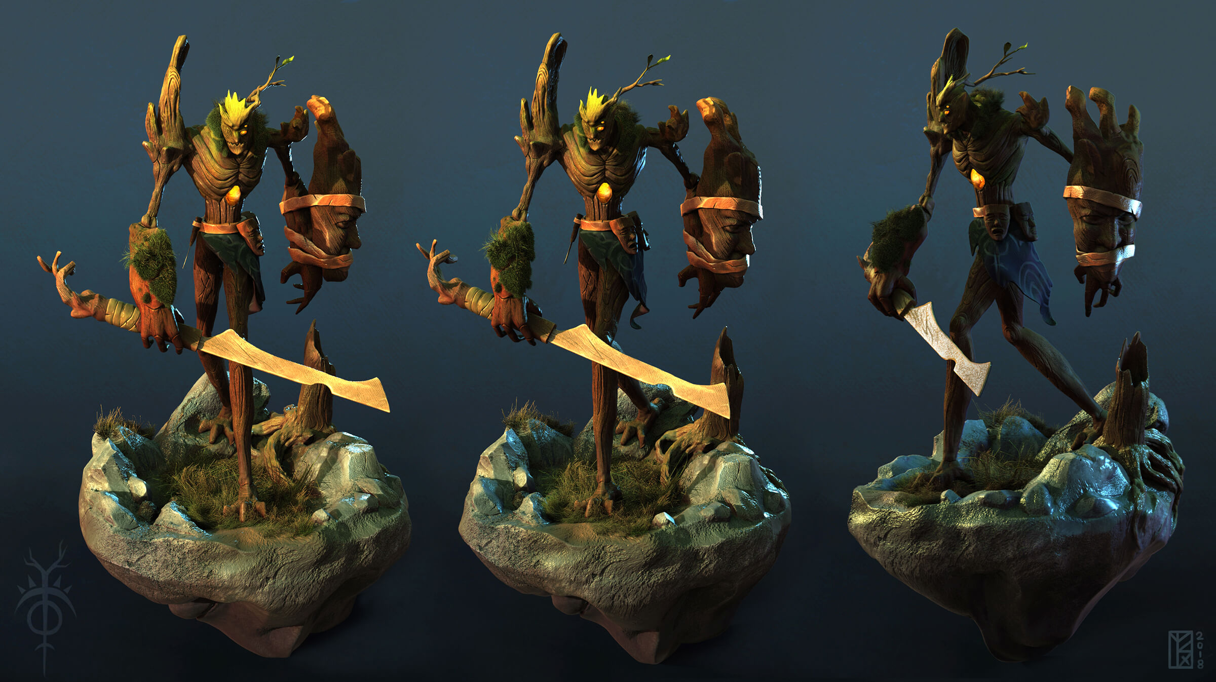 Multiple views of a wooden creature carrying a wooden sword