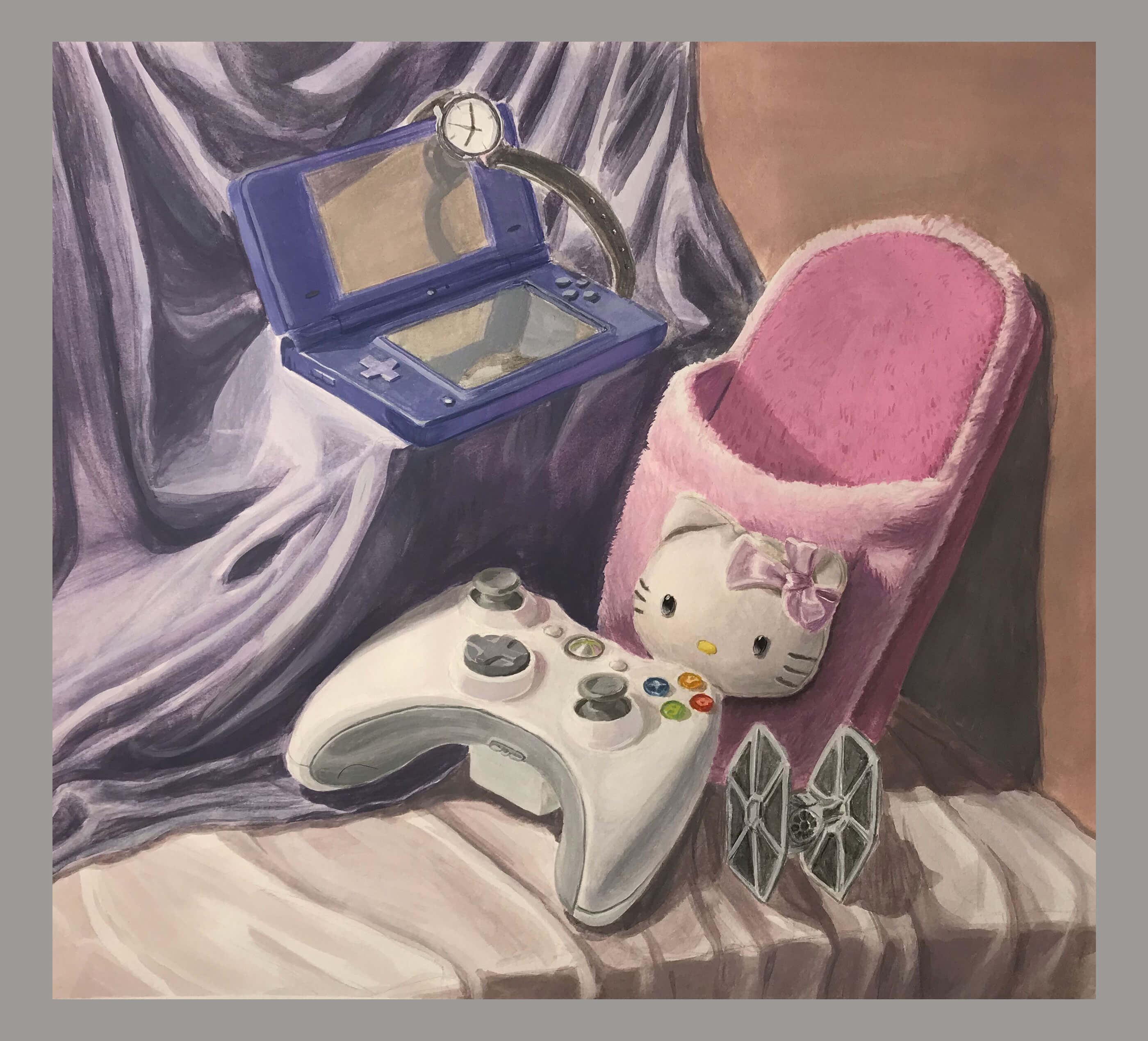 Painting of a game controller, pink slipper, and Nintendo DS.