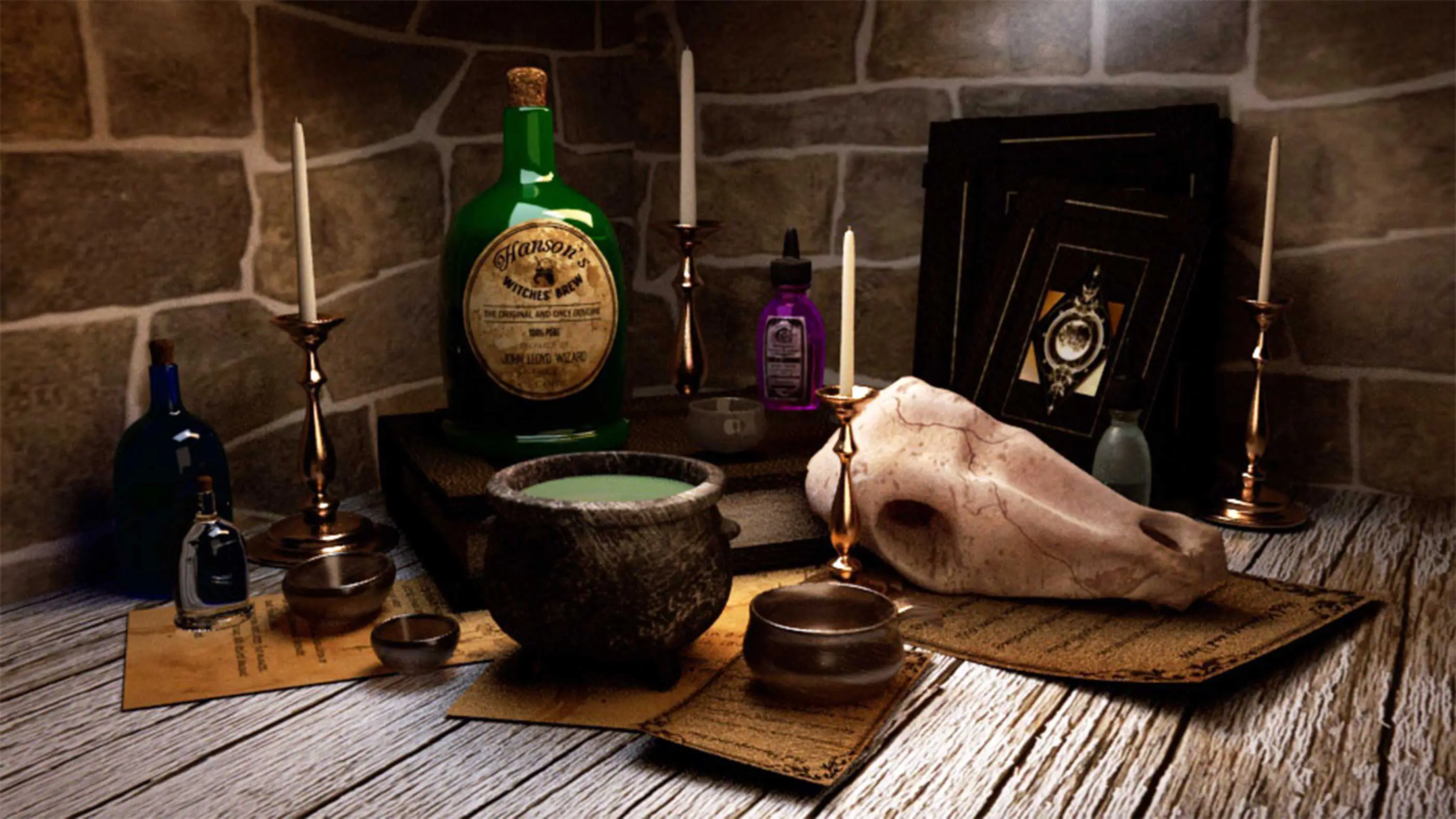 A 3D render of a collection of wizardry artifacts.