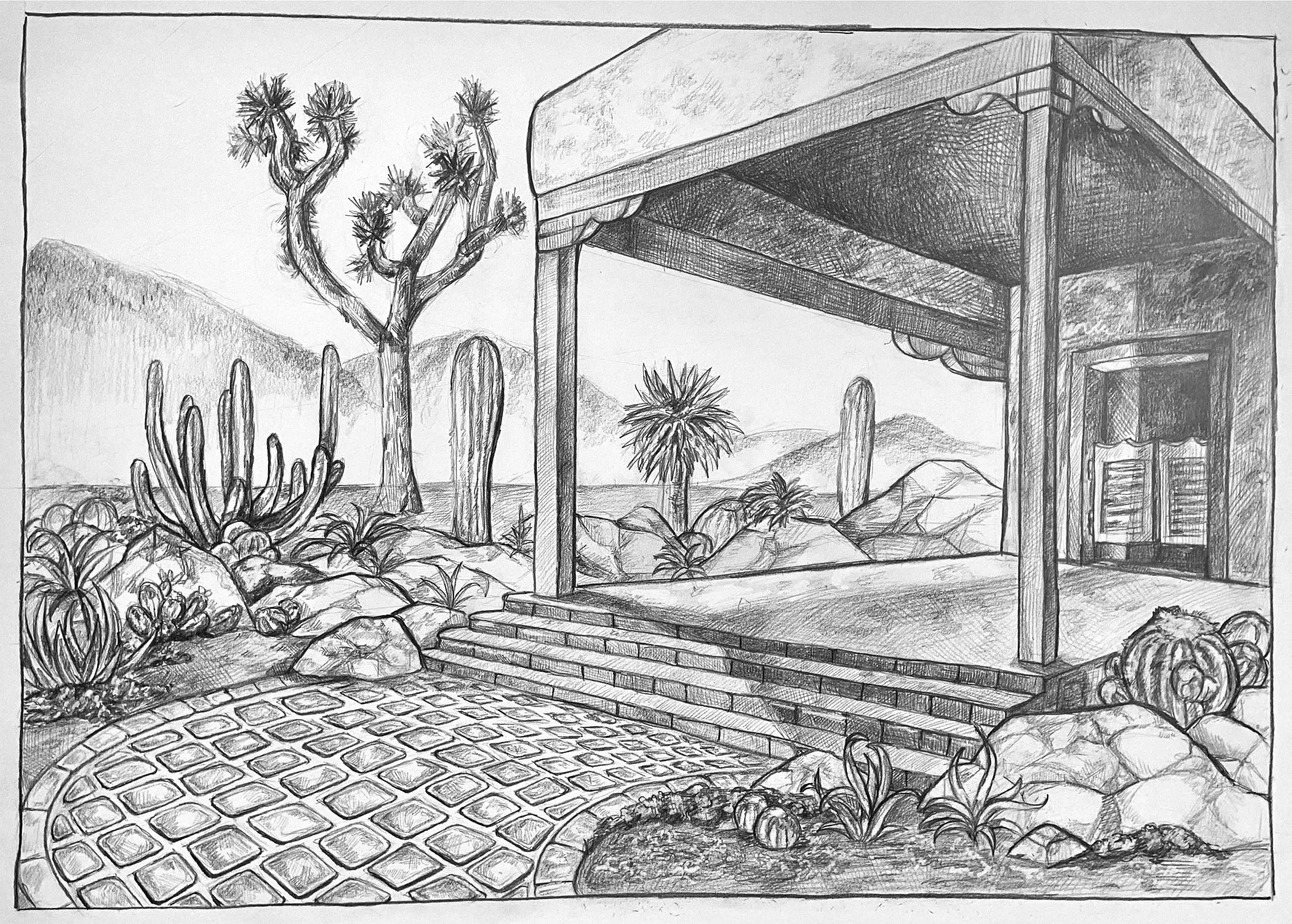 A drawing of the entrance to a building in the desert.