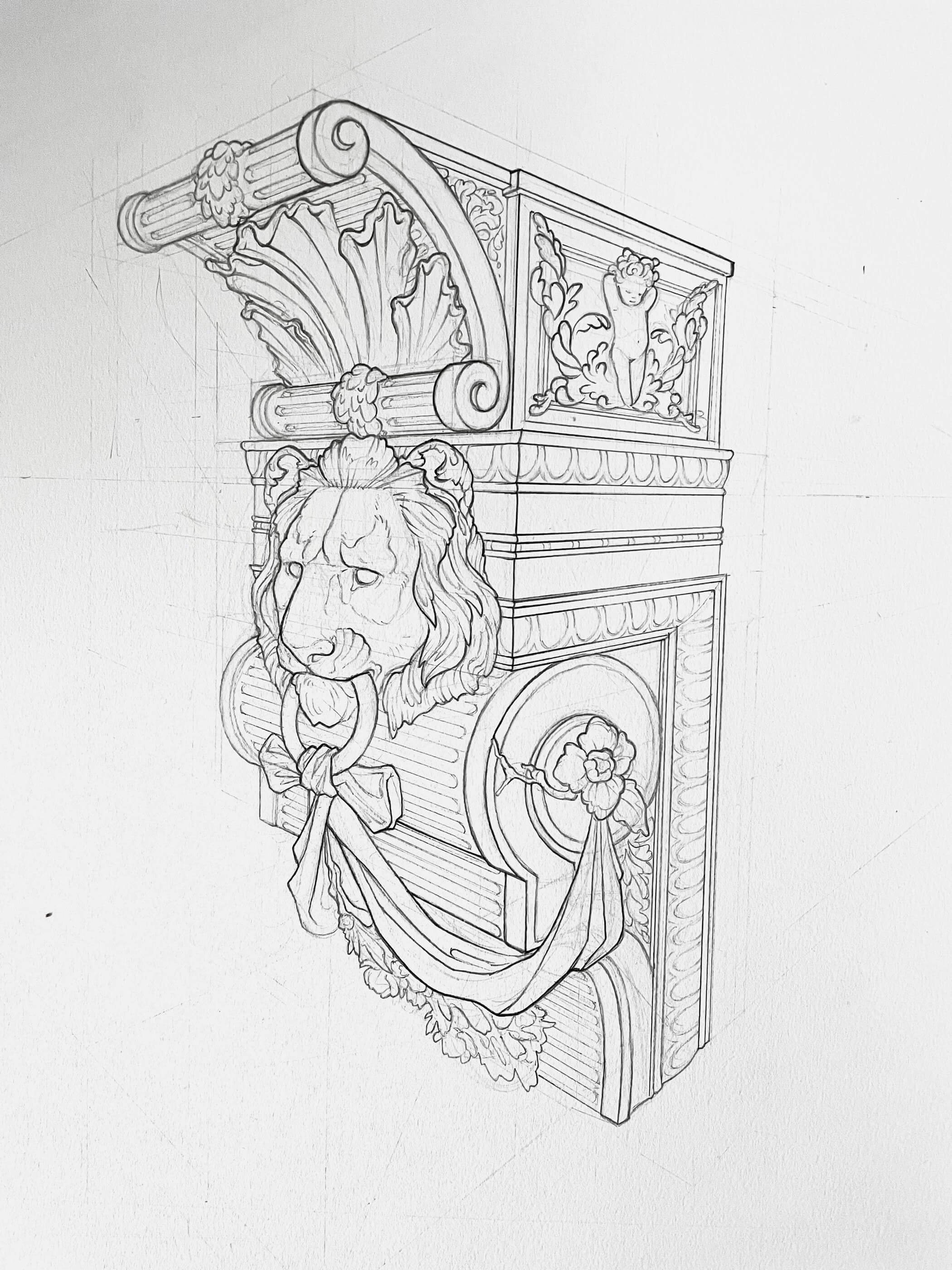 Sketch of a fancy engraved pillar with a sculpted lion head.