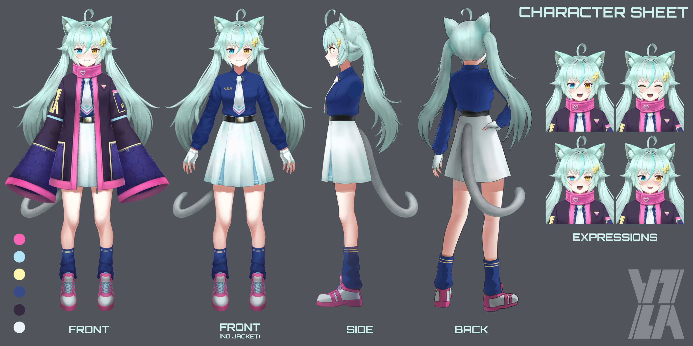 Character sheet for an anime-style girl with cat ears and a tail.