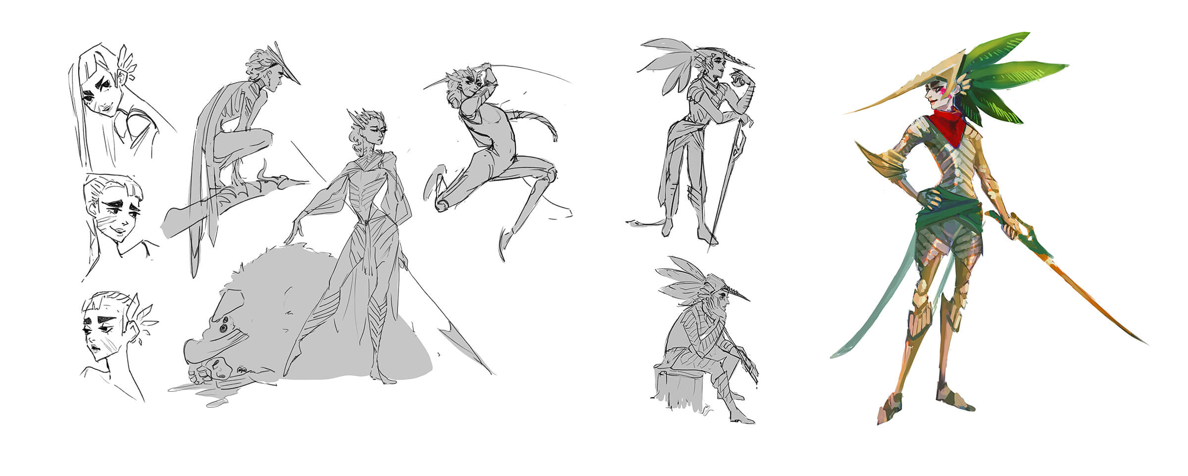 Sketches of a fairy carrying a sword
