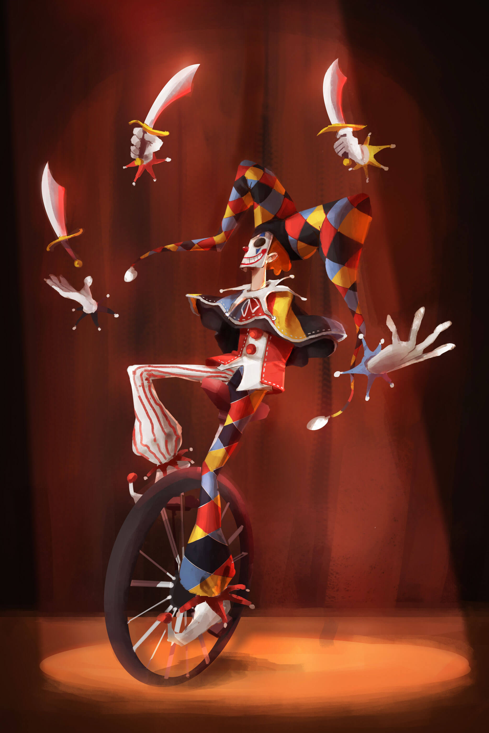 Drawing of a clown on a unicycle juggling knives.