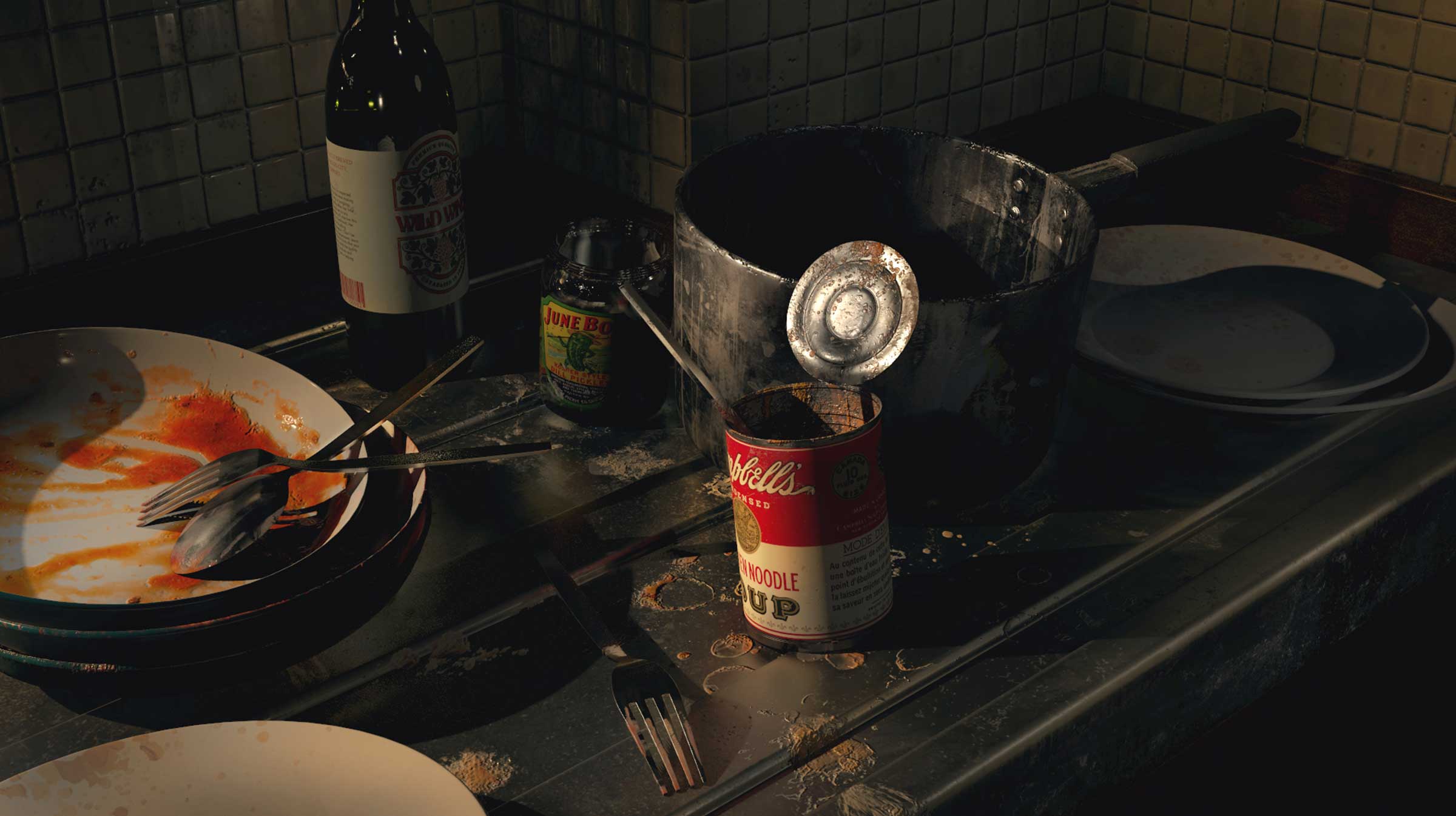 A messy kitchen with dirty pots and empty cans.