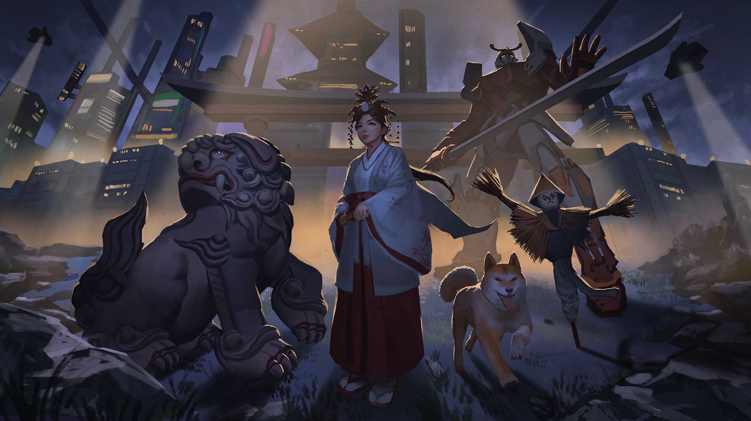 A woman stands outside a city with a lion, dog, scarecrow, and gundam.