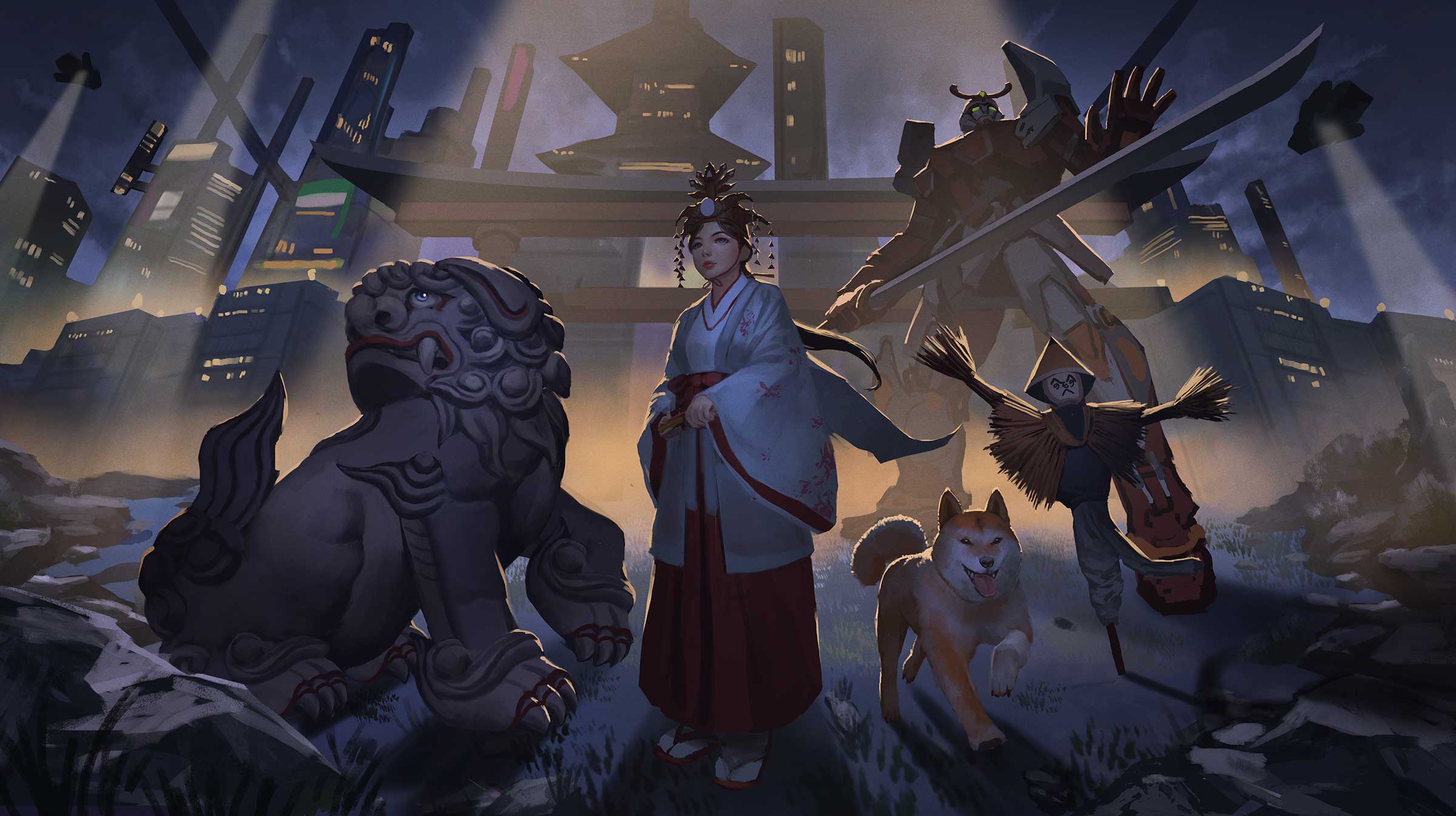 A woman stands outside a city with a lion, dog, scarecrow, and gundam.
