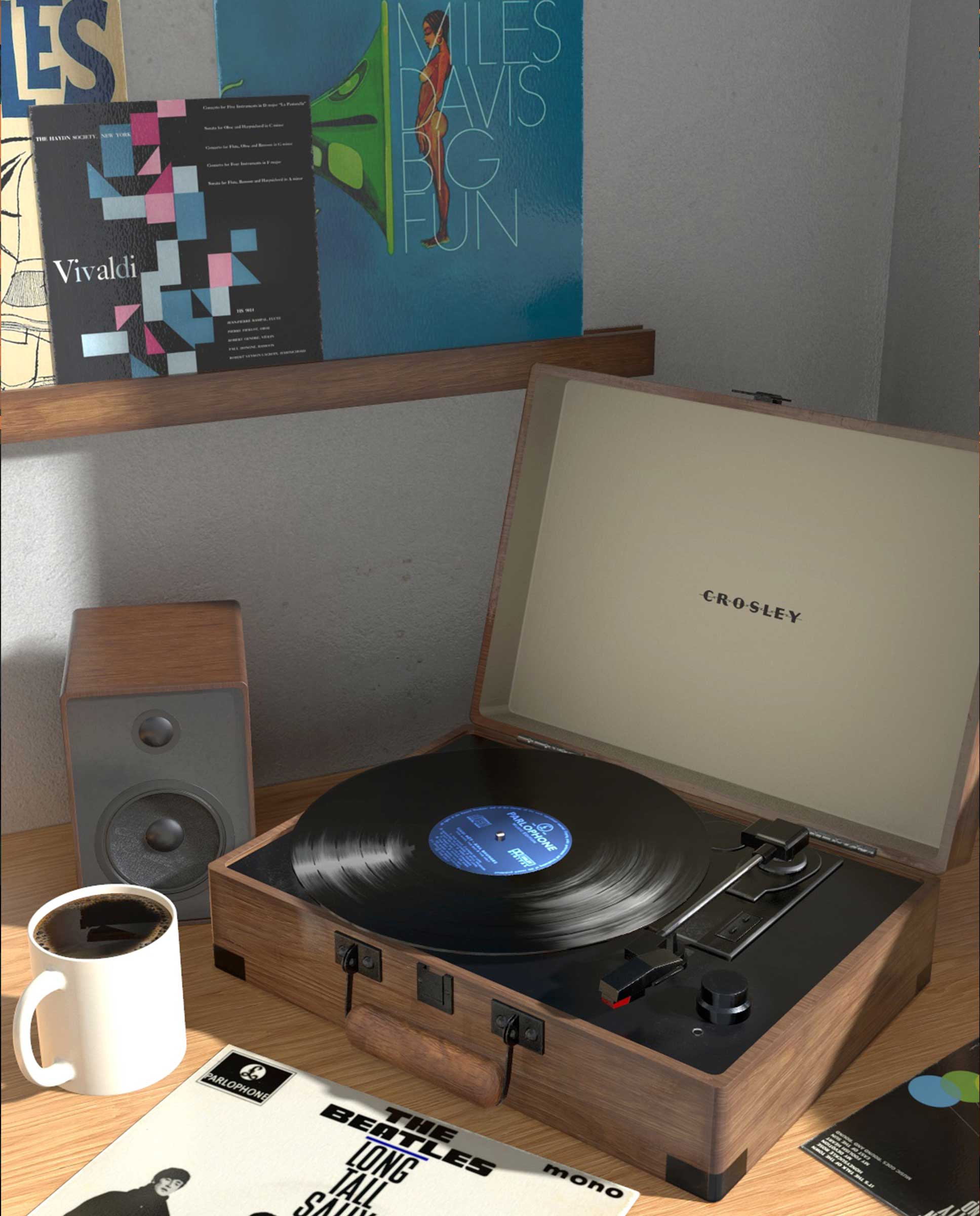 Record player with record albums on the desk and wall.