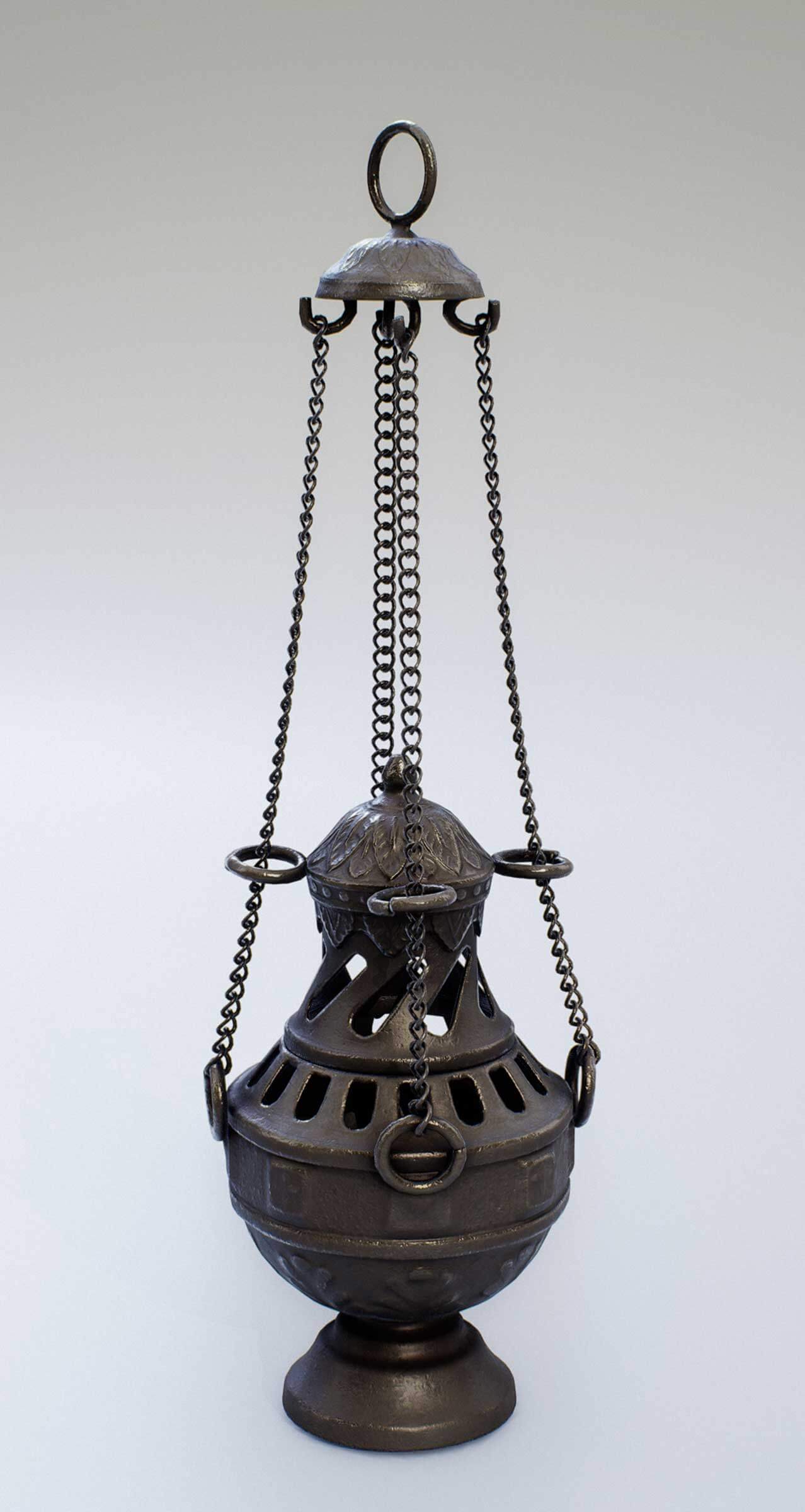 3D model of a tarnished brass incense dispenser held by chains