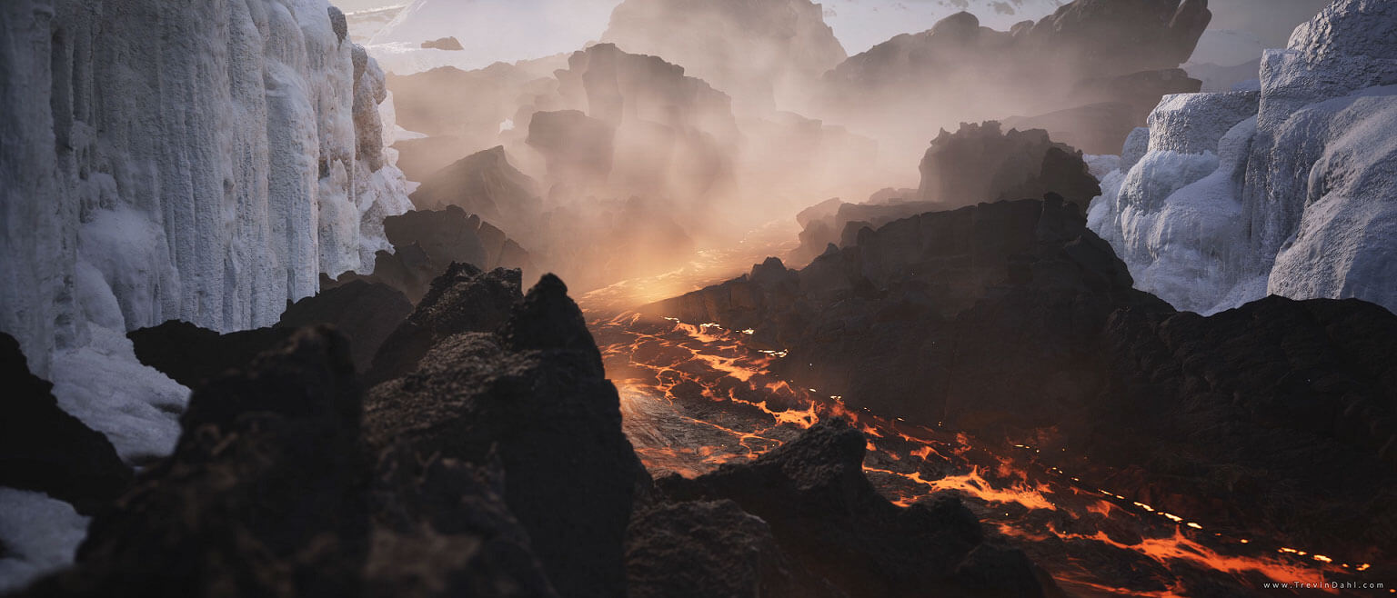 A river of lava surrounded by volcanic rock and ice caps.