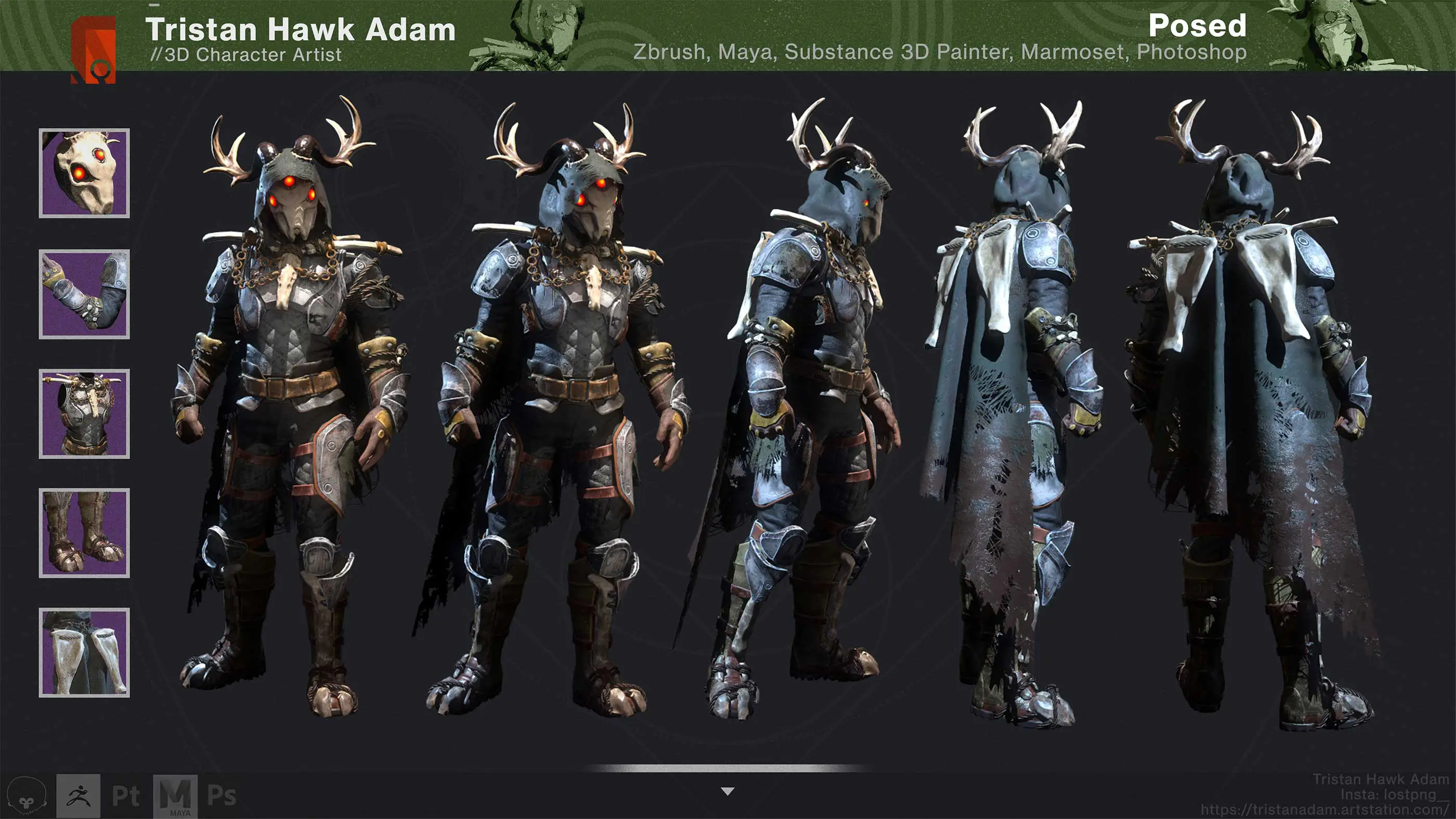 A 3D model with many angles of a suit of armor with horns and cape.