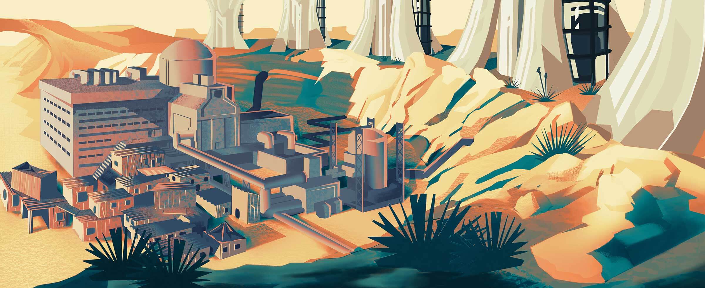 An industrial complex nestled along the mountains of a desert.