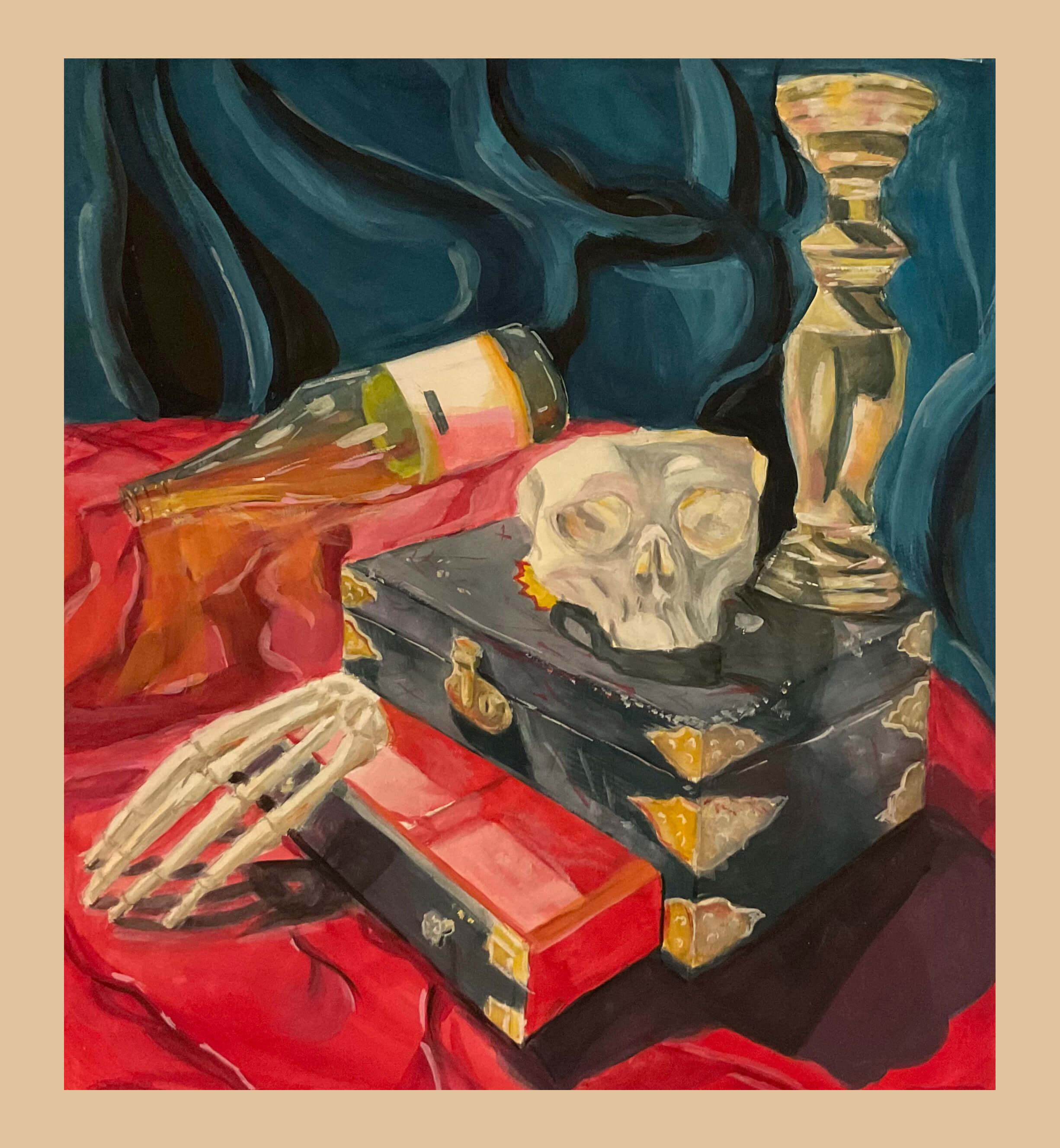 Painting of a skull, skeleton hand, a bottle, and boxes on a red tarp.