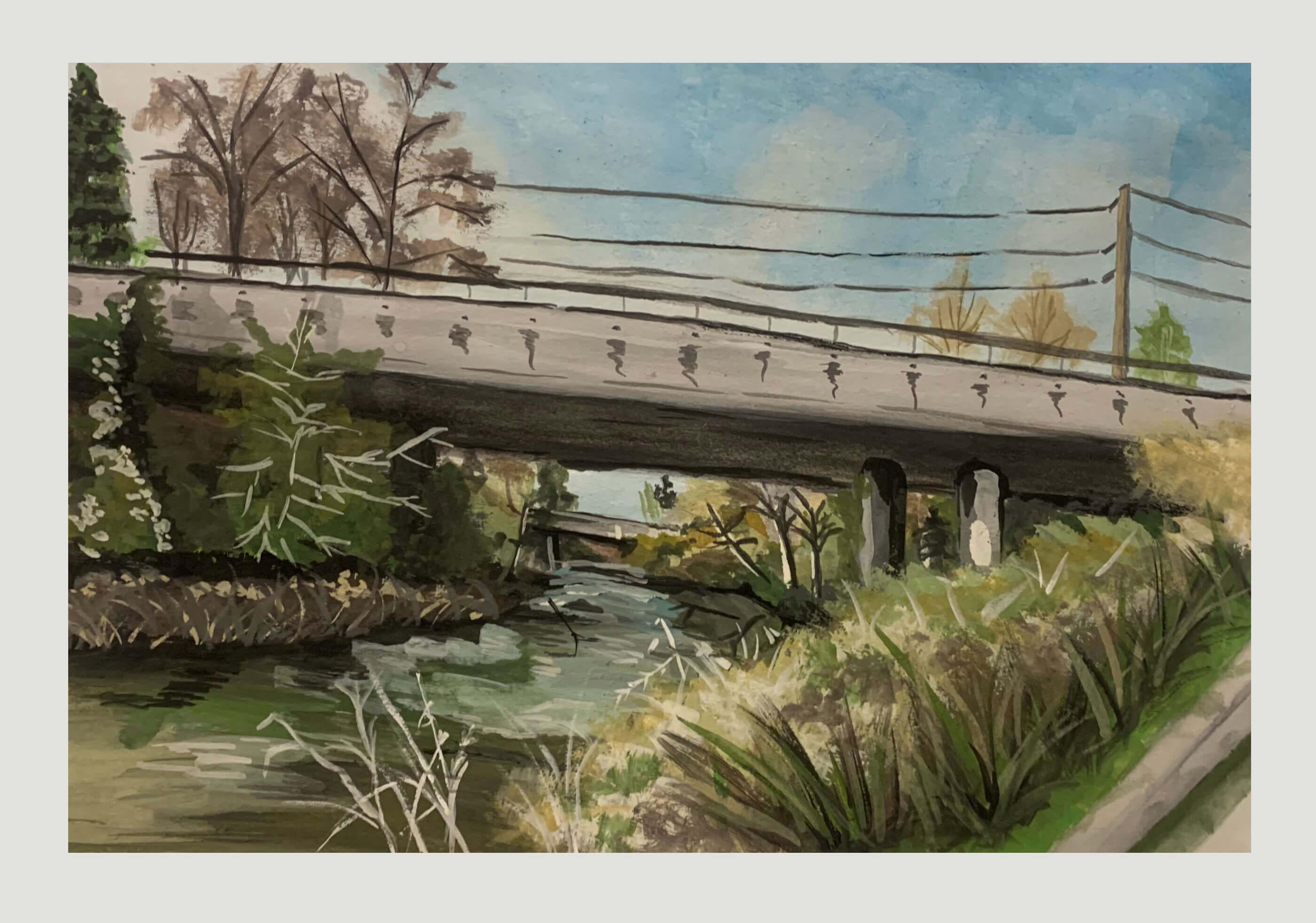 Painting of a bridge passing over a river.