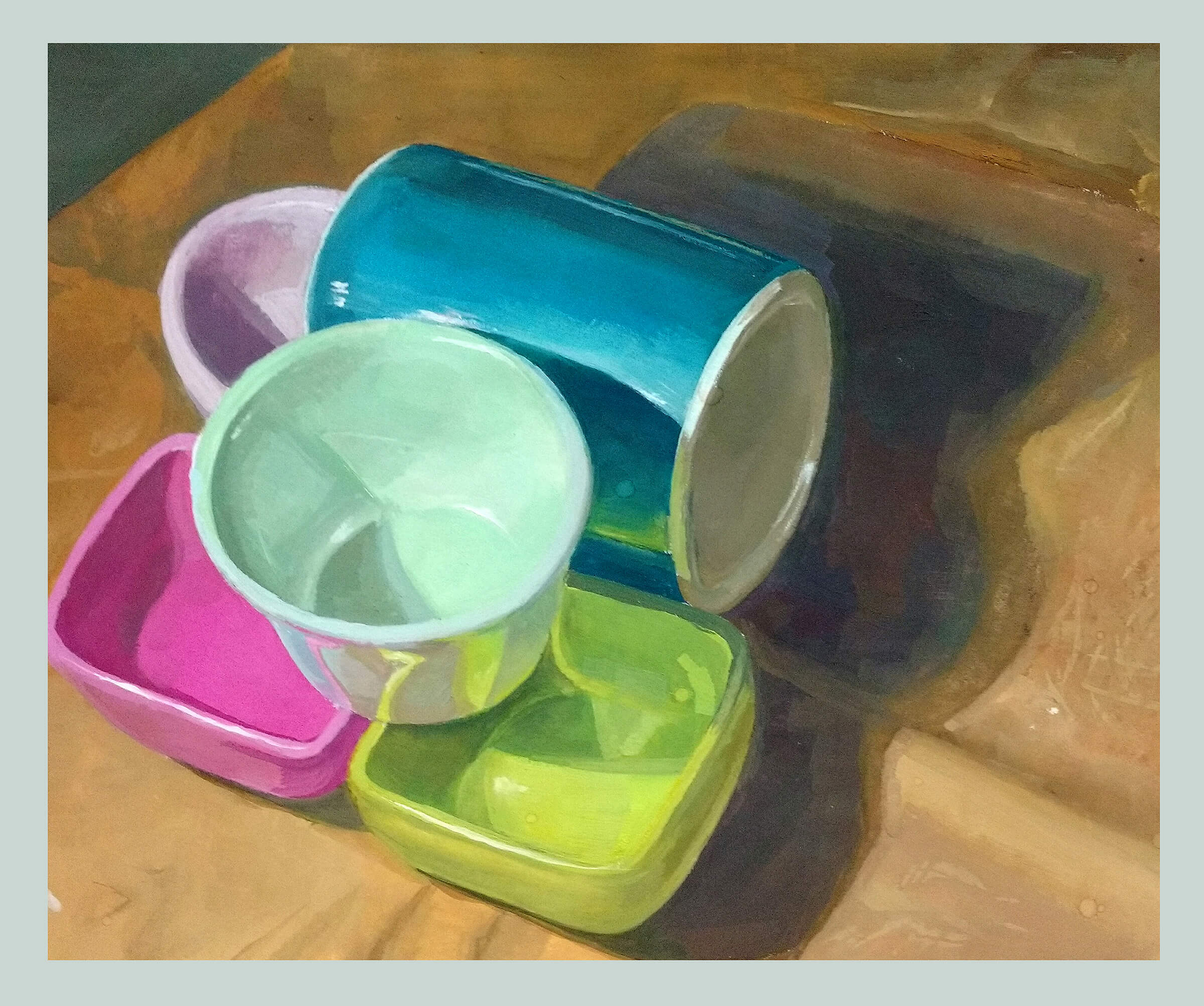 still-life traditional painting of brightly painted cups and square-shaped containers
