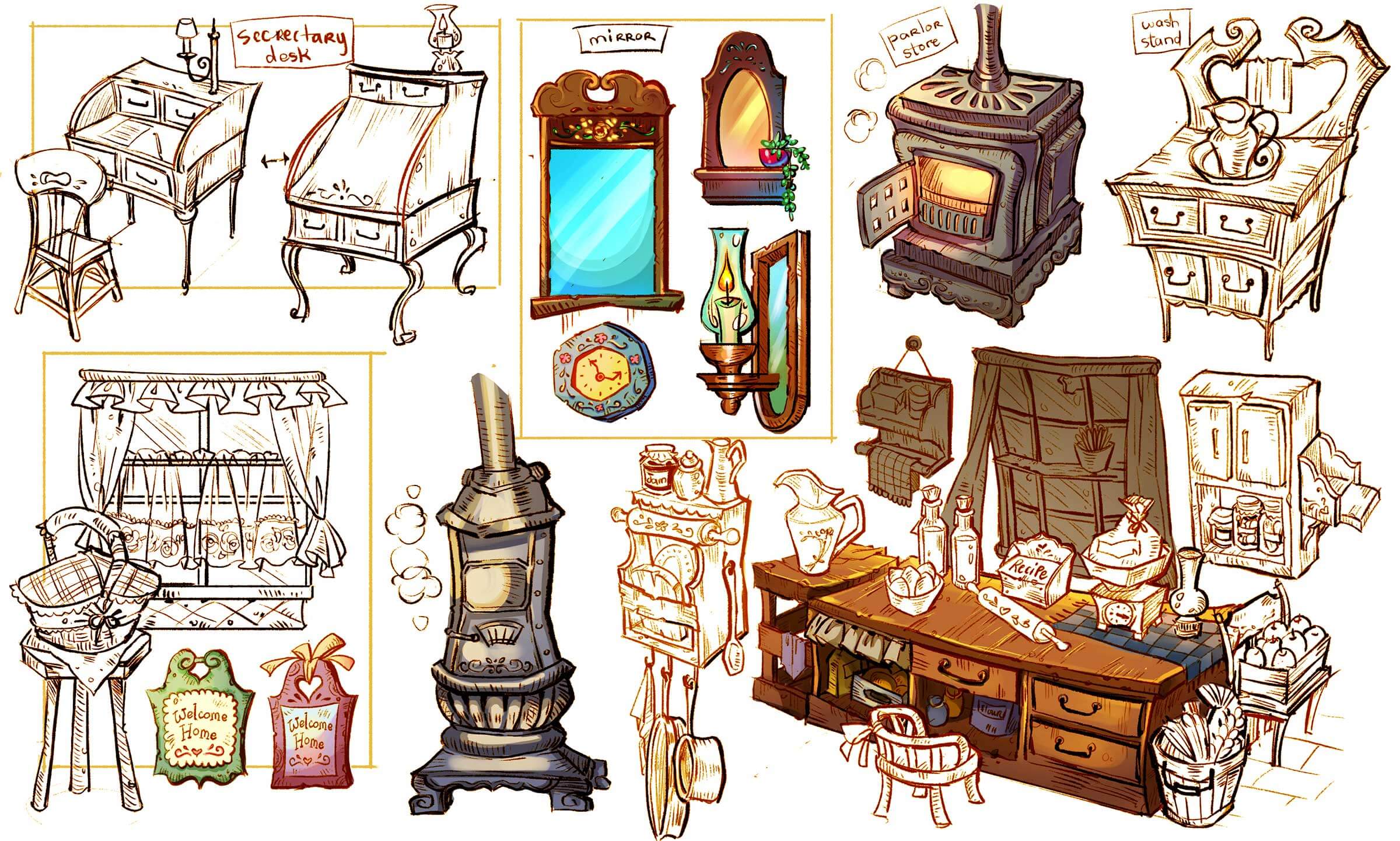 Drawings of various household furniture and appliances.