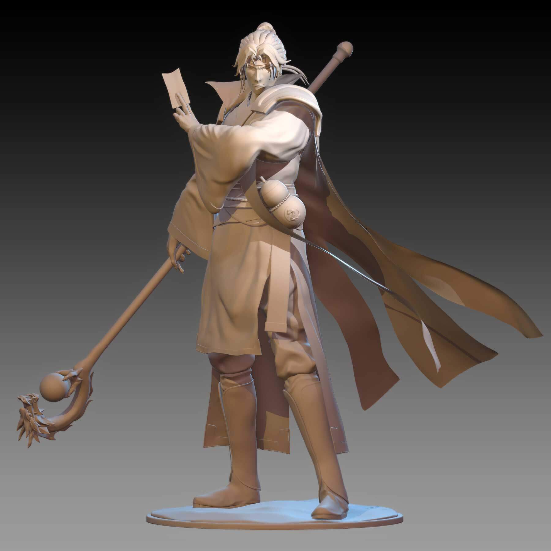 3D model of a man wielding a staff and paper ticket.