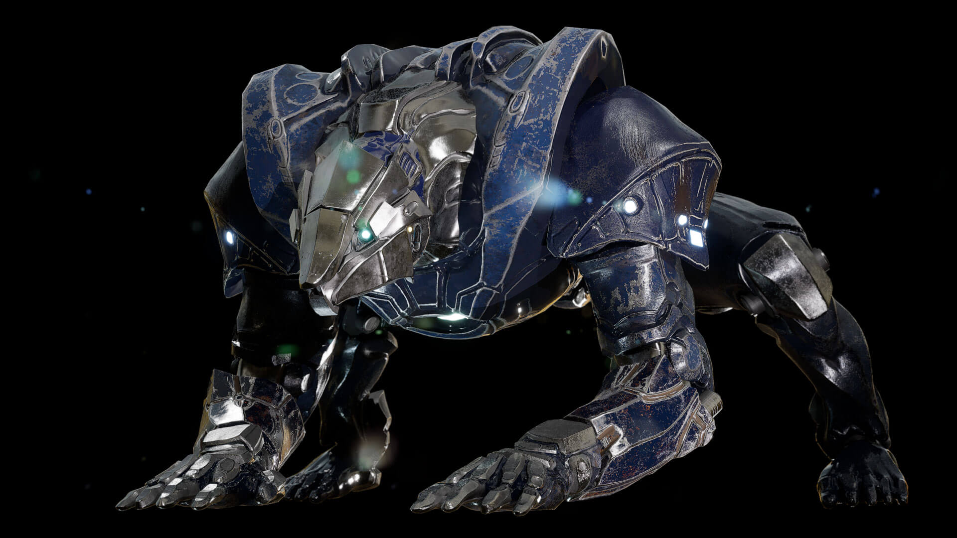 A buff robotic dog made of blue and silver steel.
