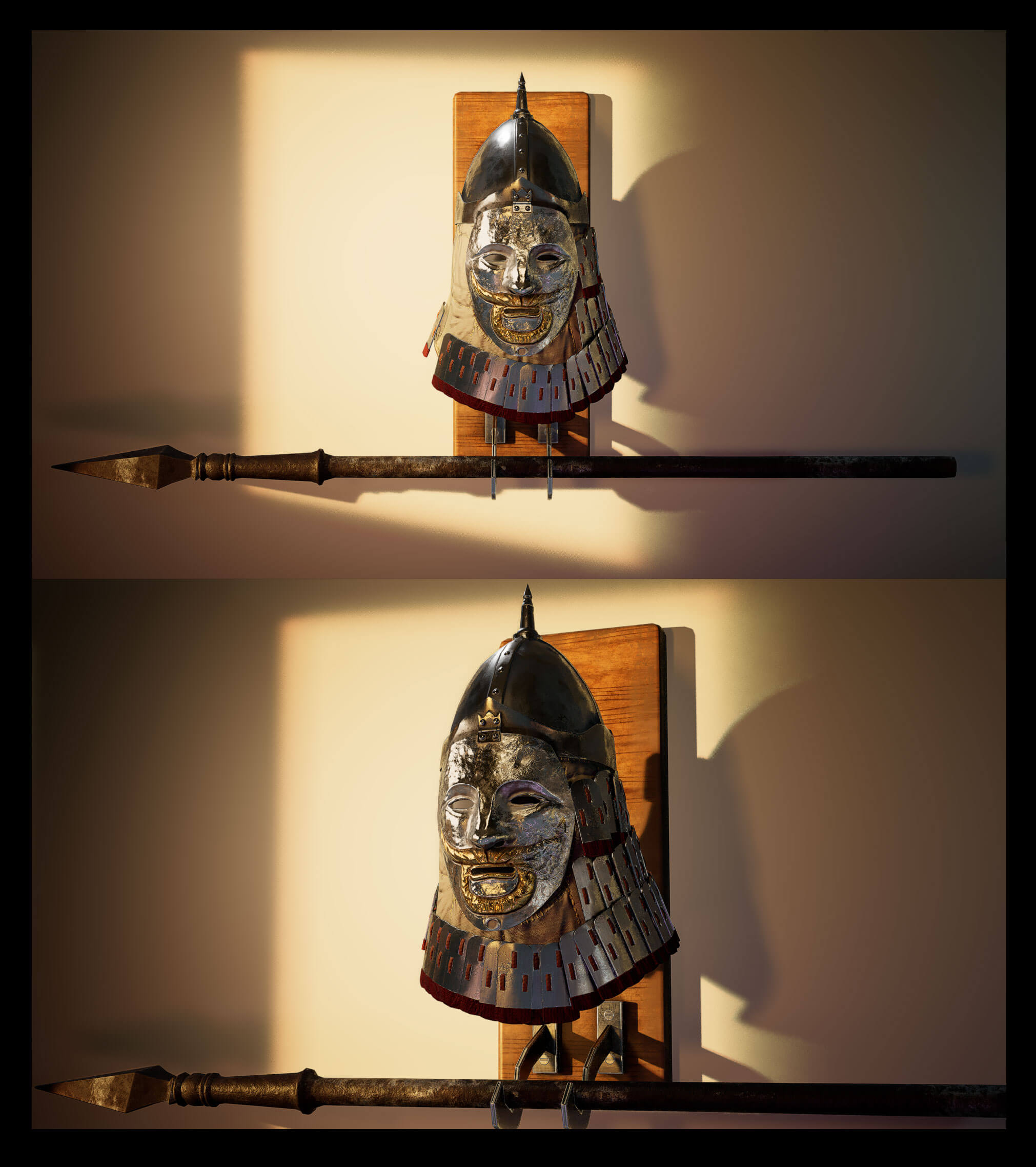 A realistic digital model of an ancient Asian armor headpiece.