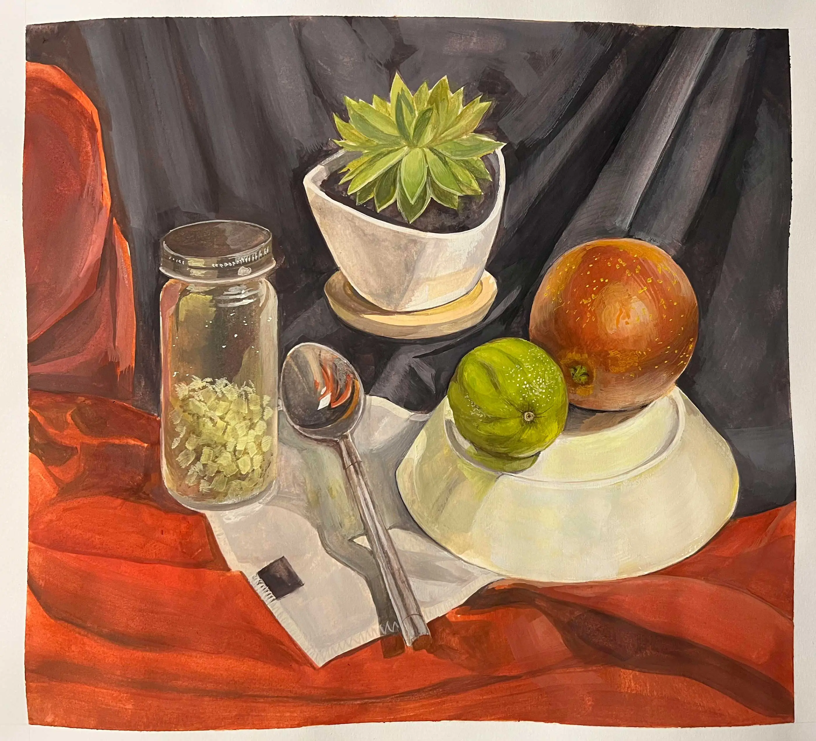 A painting of fruit and kitchen dishes resting on wrinkled cloth.