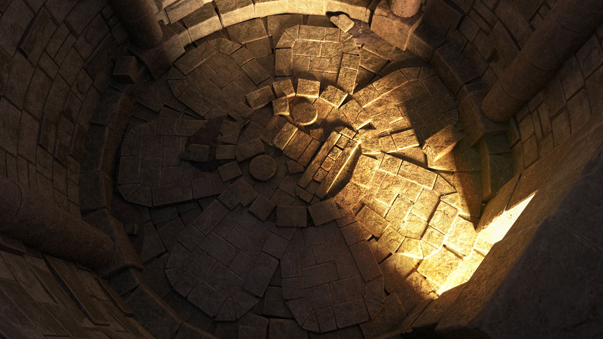 A circular room made of stone bricks with an angry face on the floor.