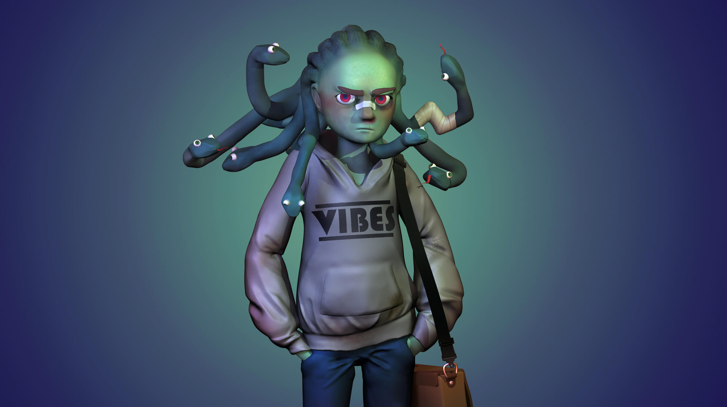A character with snakes for hair wearing a sweatshirt and jeans