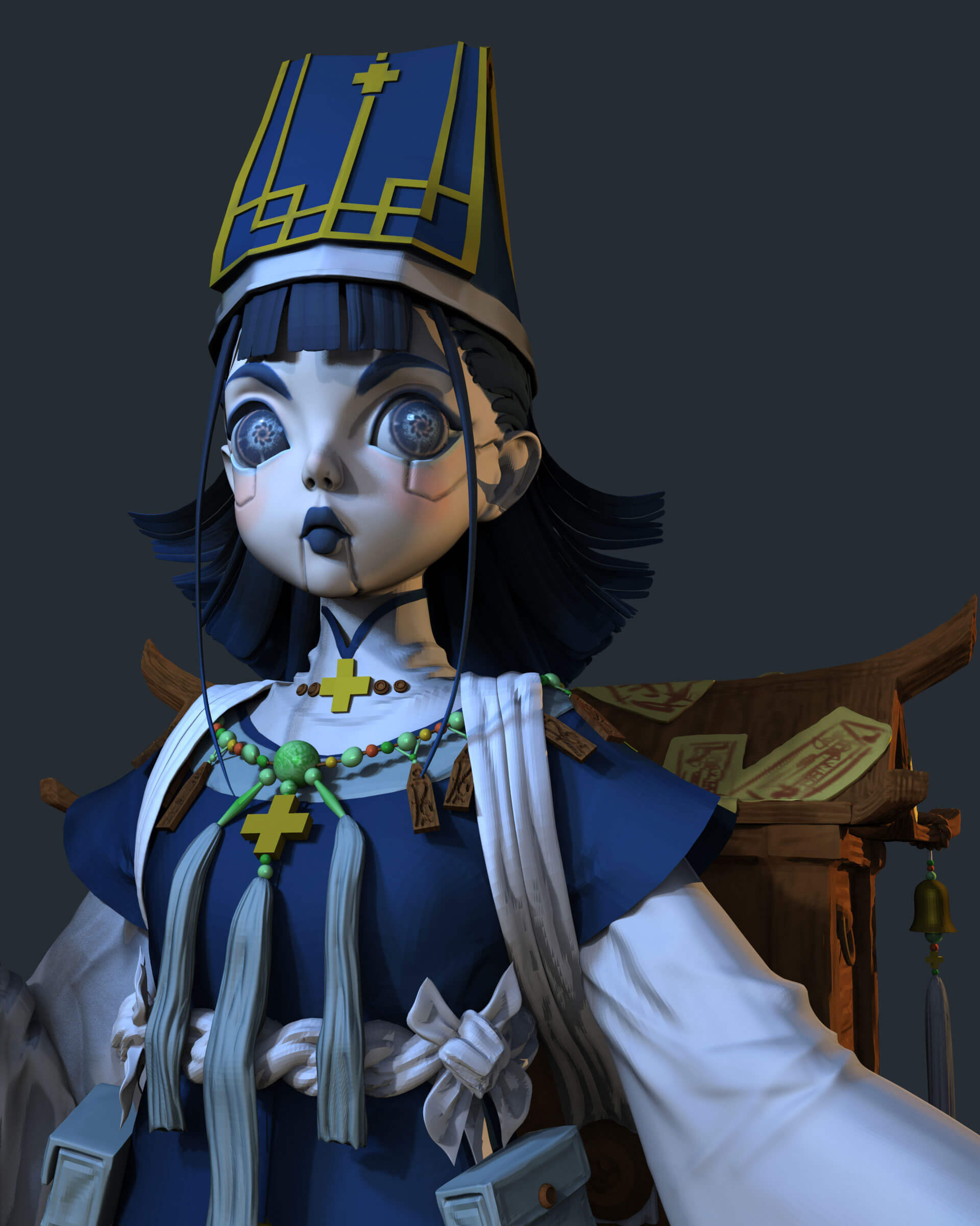 3D model of a robotic girl wearing eastern clothing.