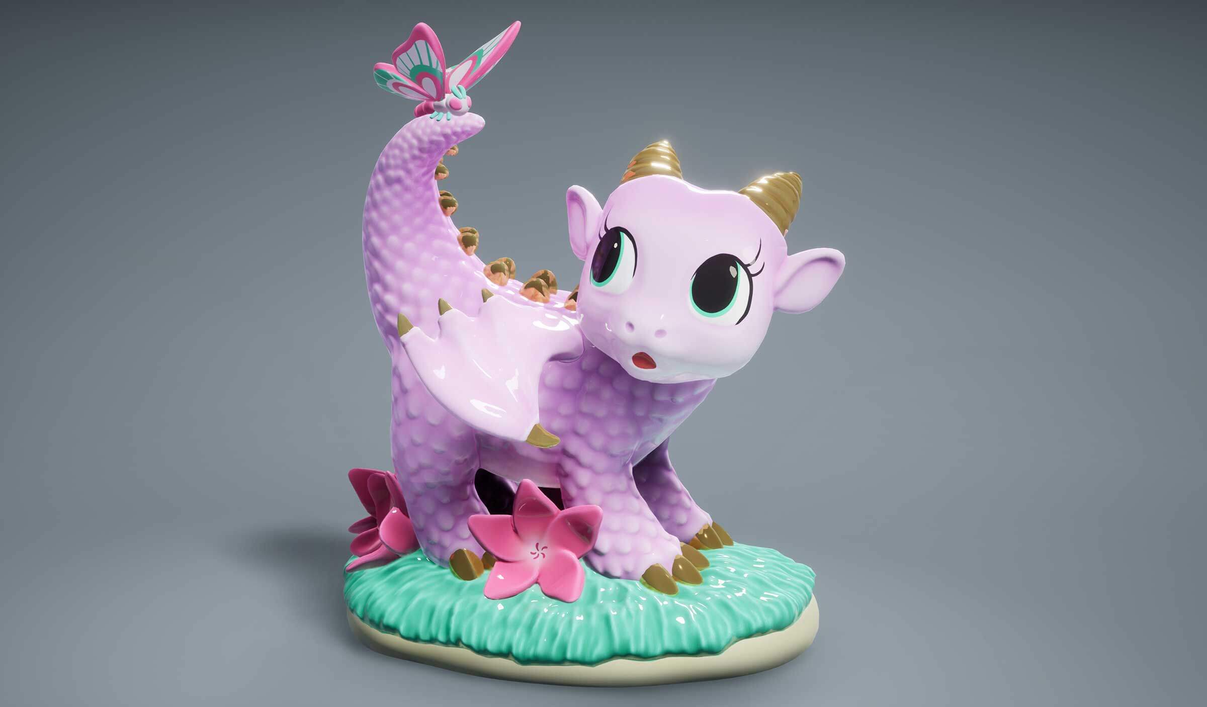 3D model of a young pink dragon with a butterfly on its tail