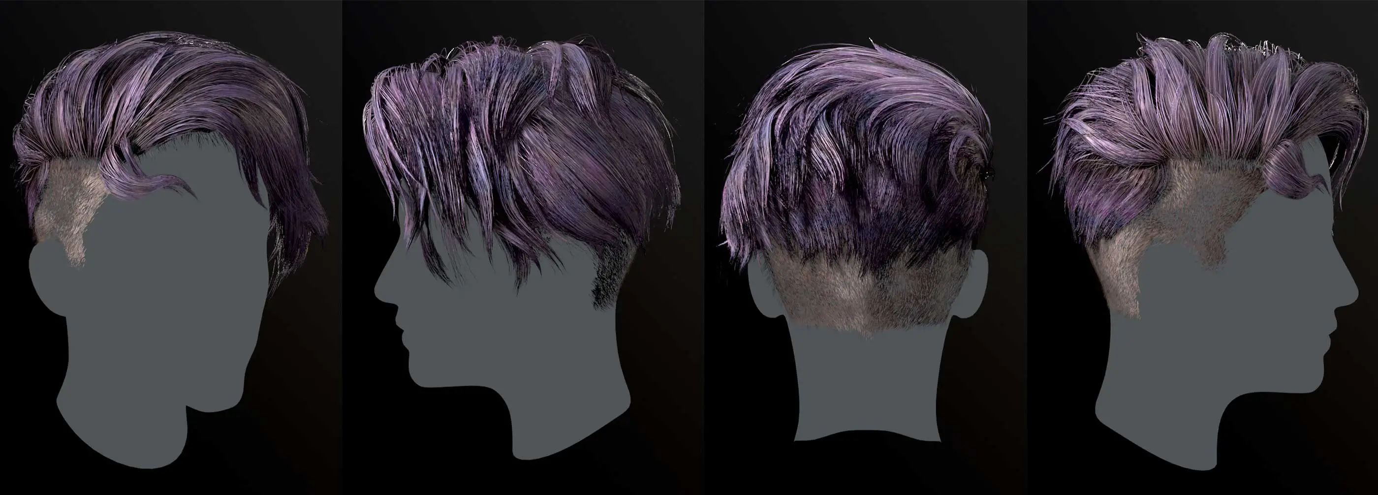 Multiple angles of a short purple hair style.