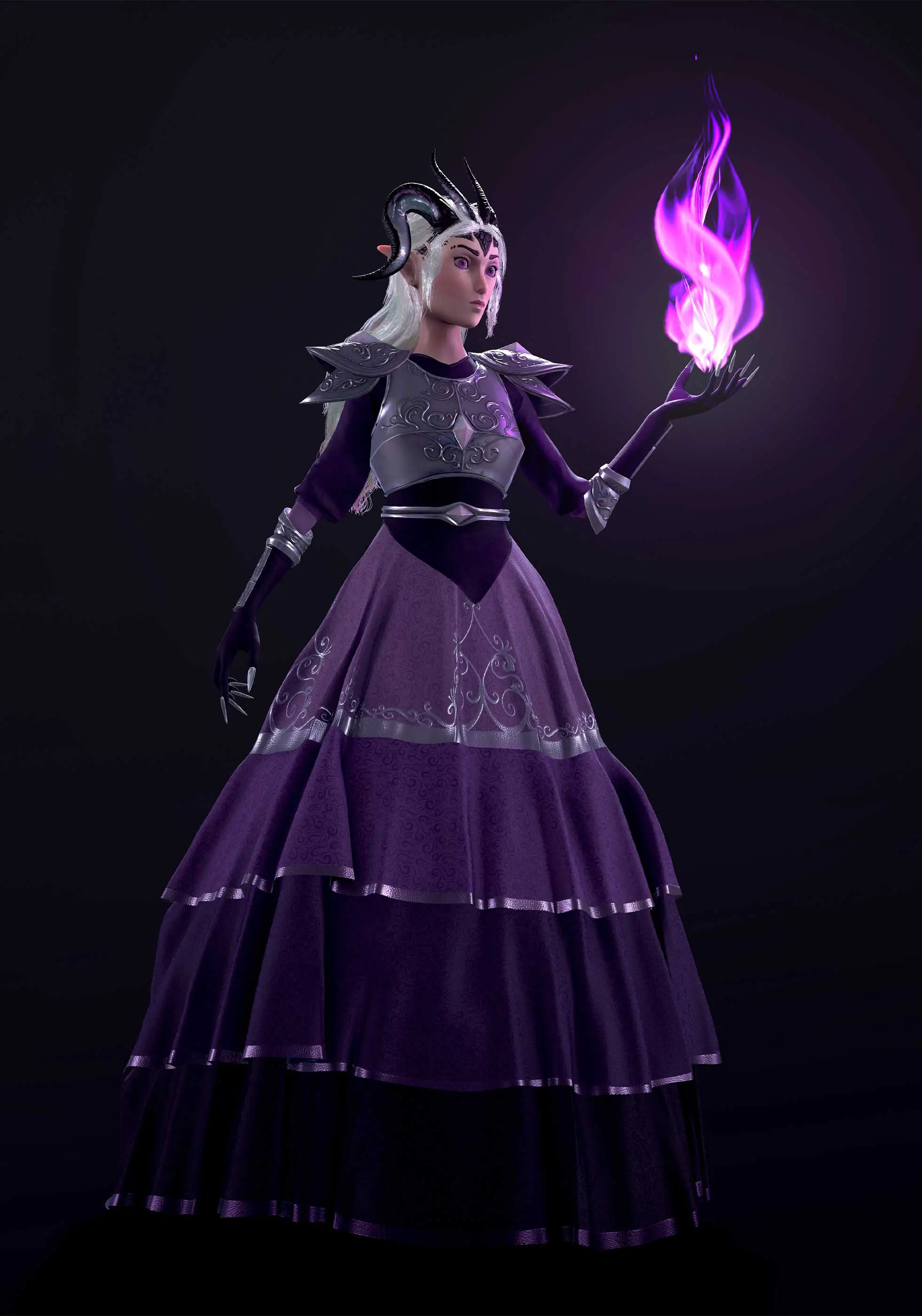 A 3D render of a woman with horns in armor casting purple fire.