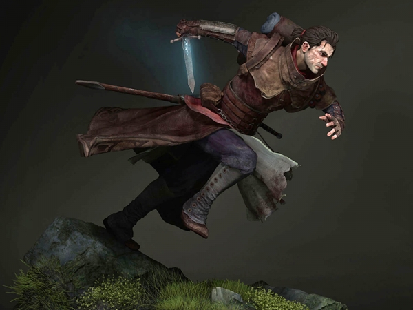 computer-generated 3D model of a male soldier character running with a sword