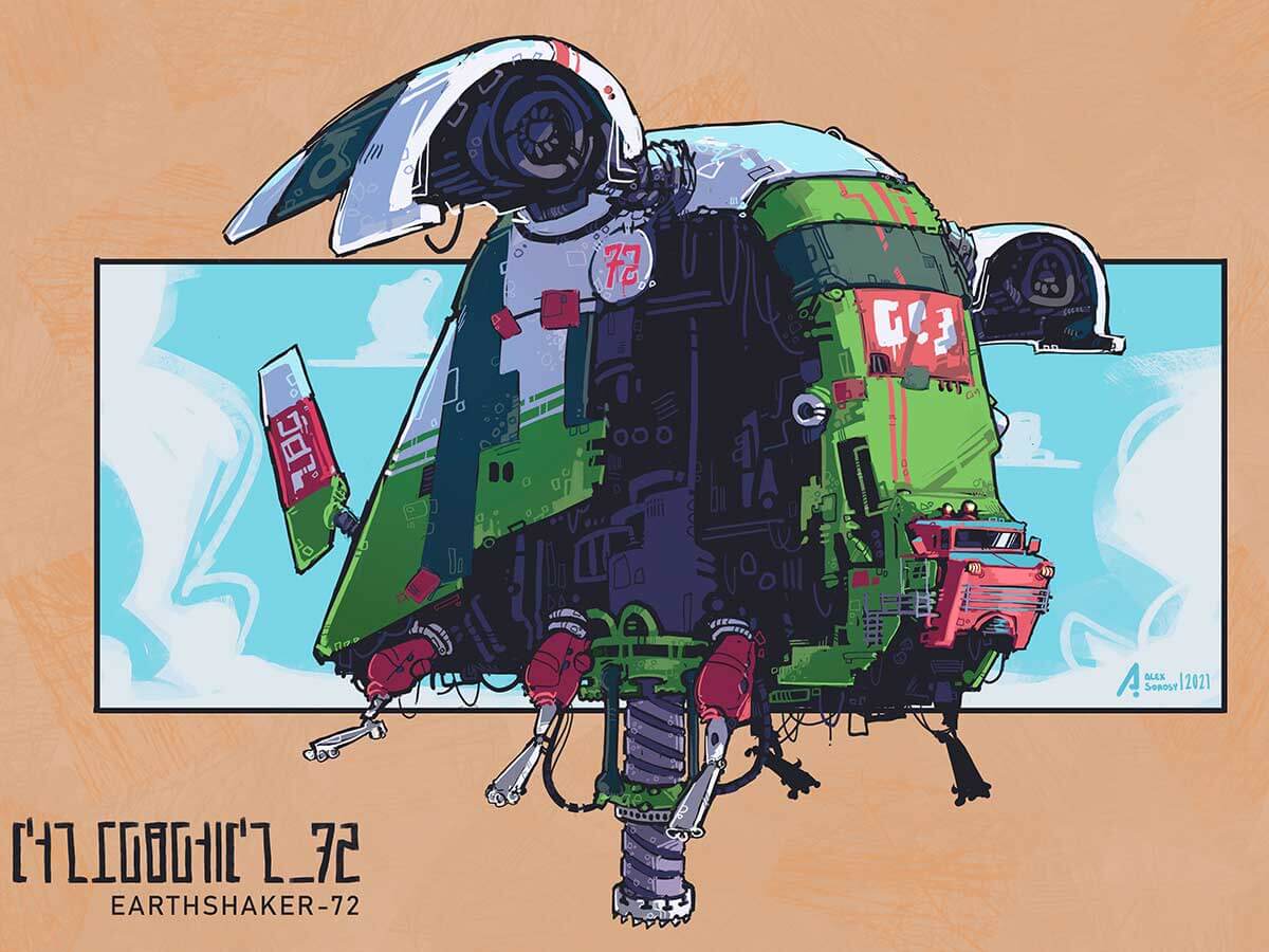 Art of a futuristic spaceship that is tall, chunky, and painted green.