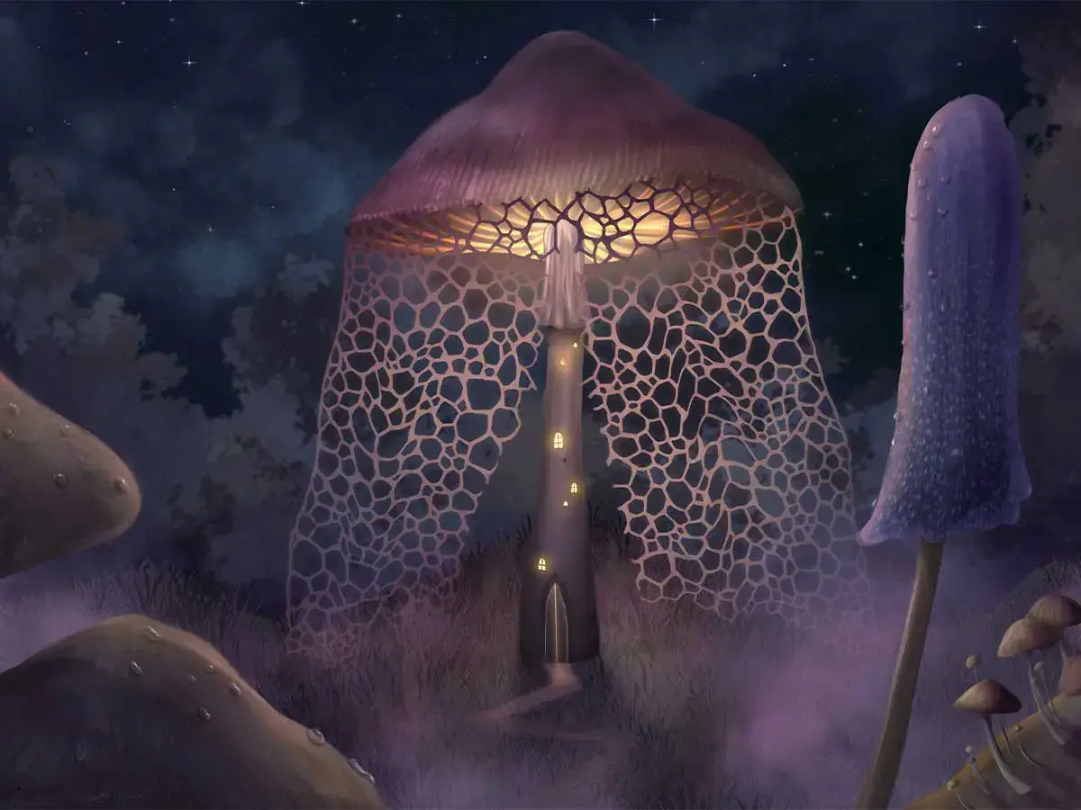 A painting of a tall, illuminated, mushroom with a door and windows.