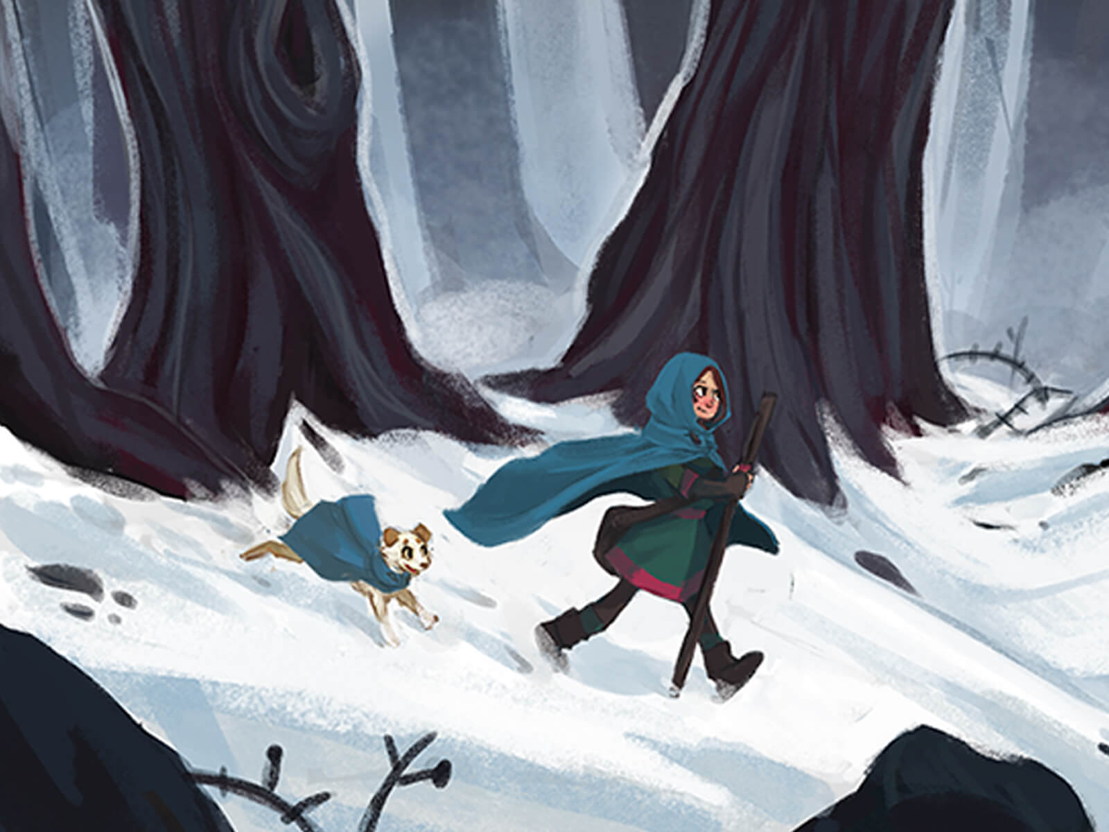 digital painting of a girl and her dogs, both in blue capes, walking through a snowy forest