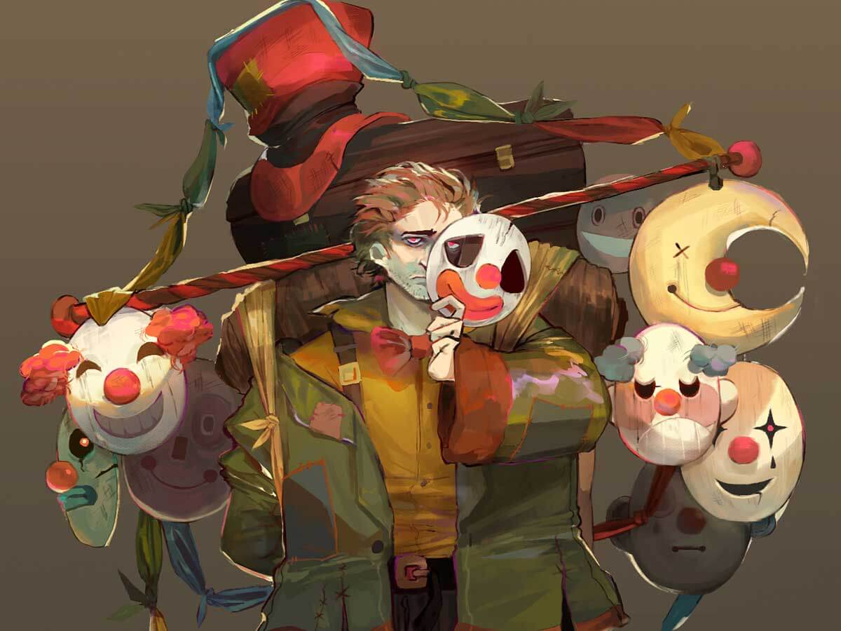 A clown with a wide assortment of masks.