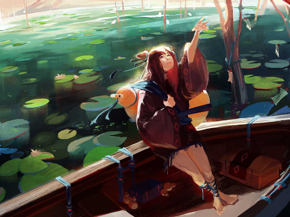 A girl sits on the edge of a rowboat floating in a lake with lily pads.