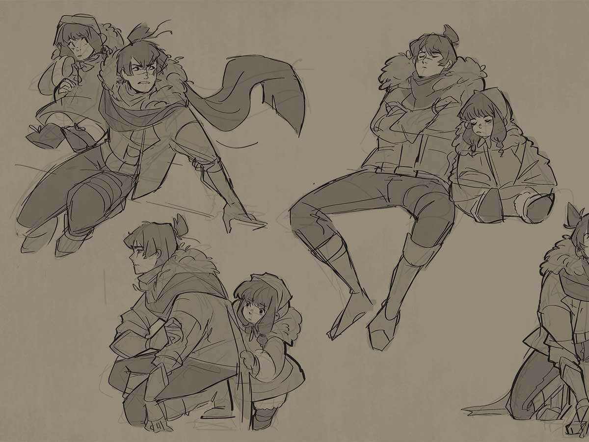 Sketched concept images of a man protecting a little girl.