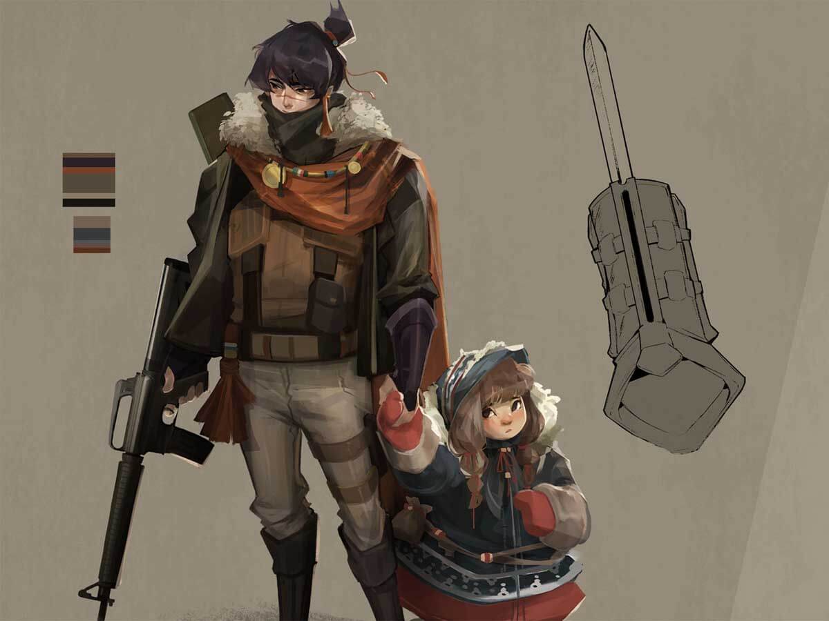 Character concept of a man with weapons protecting a little girl.