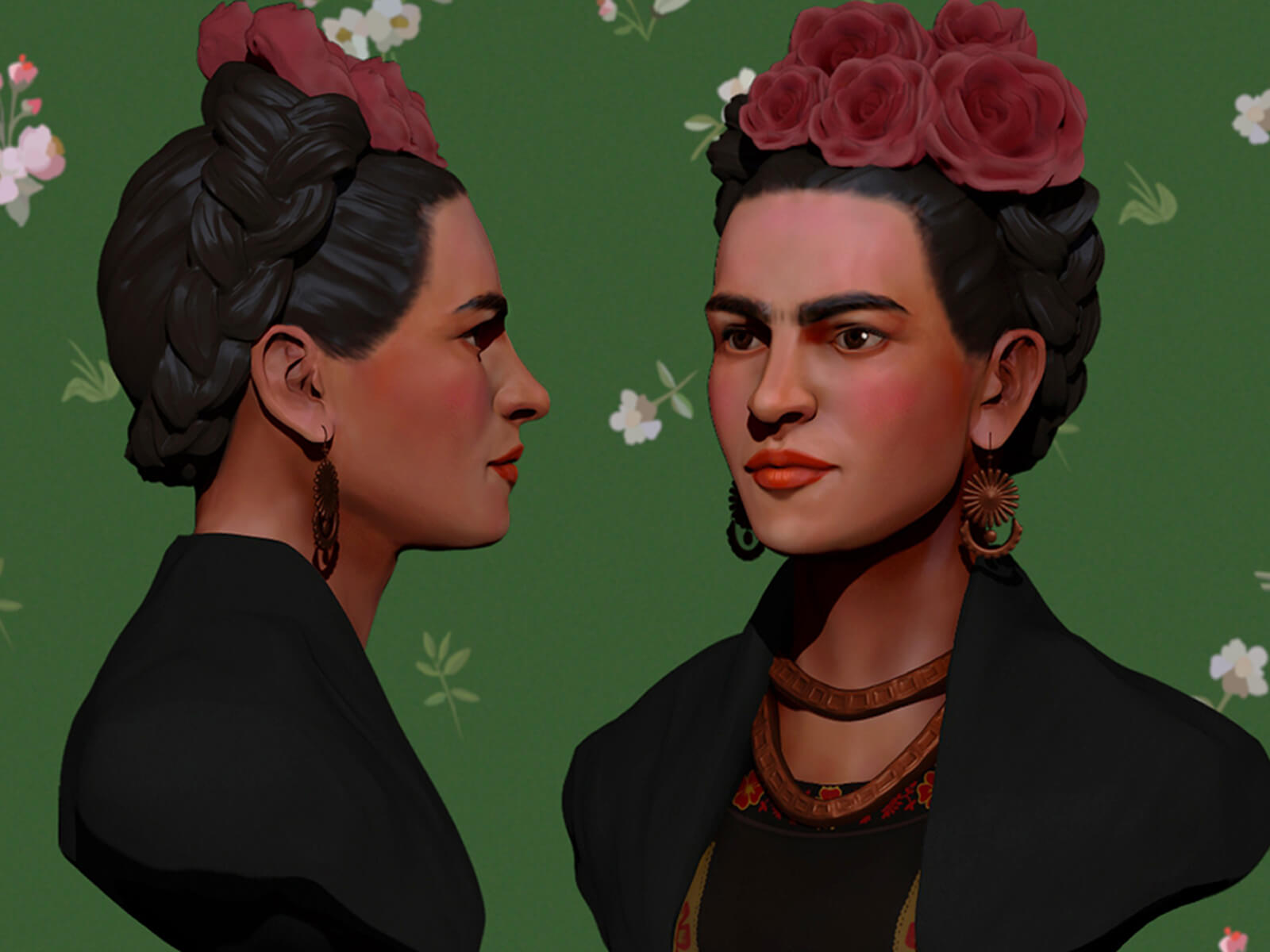 computer-generated 3D portrait of Frida Kahlo with 2 views: profile and partial profile