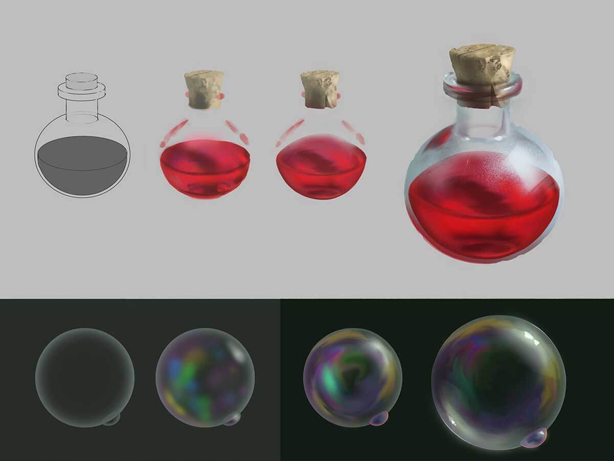 Drawings of various items, including potions, spheres, eyes, and gems.