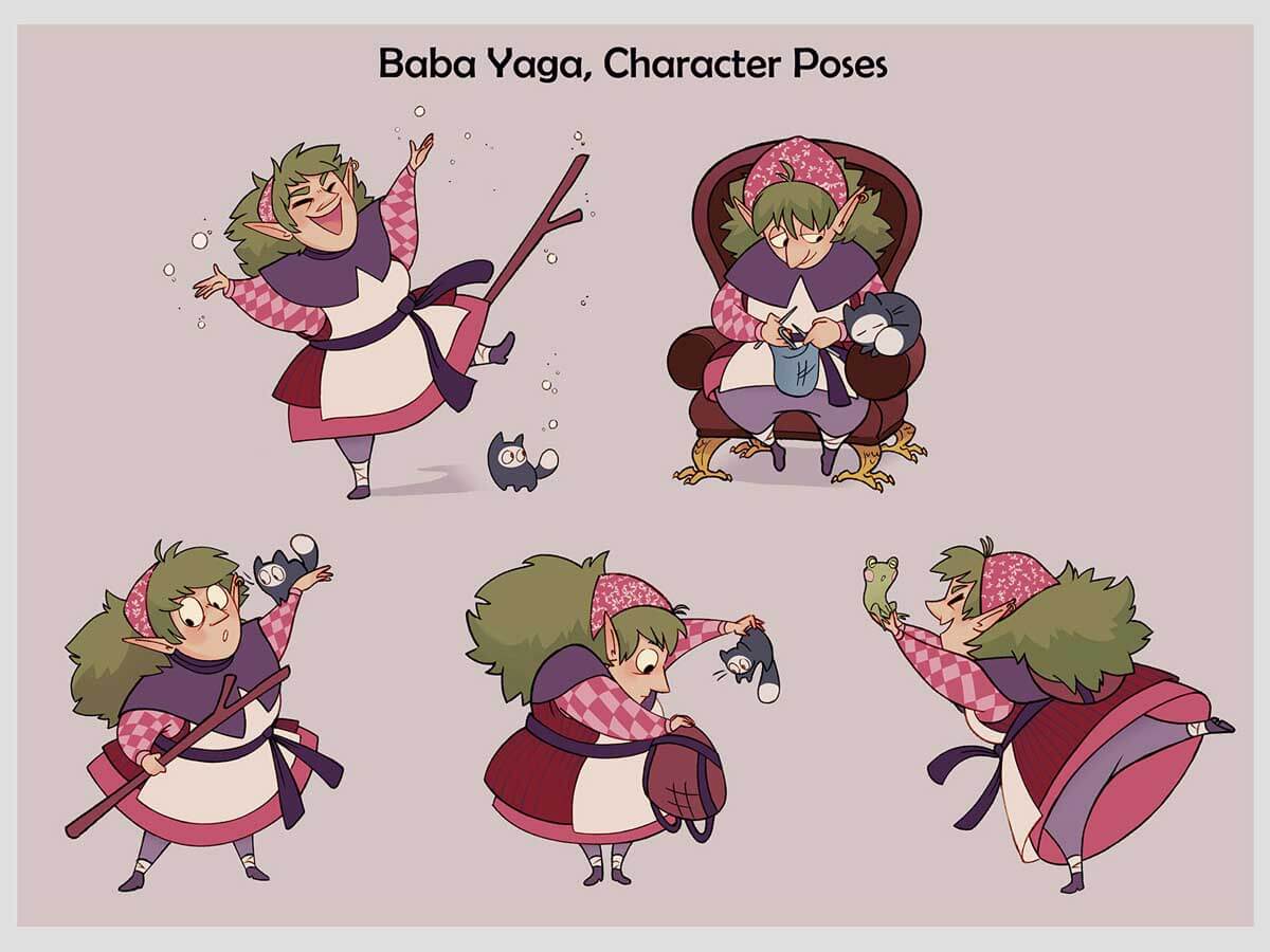 Character sheet of an old woman doing various actions.