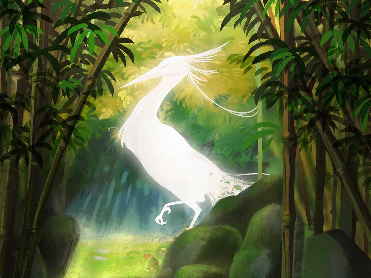 A glowing white bird in a serene bamboo forest.