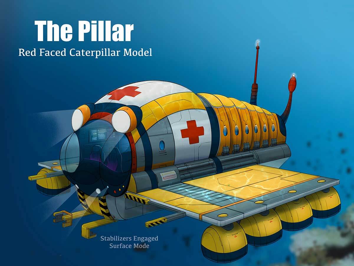 Art of a red faced caterpillar model submarine named The Pillar.