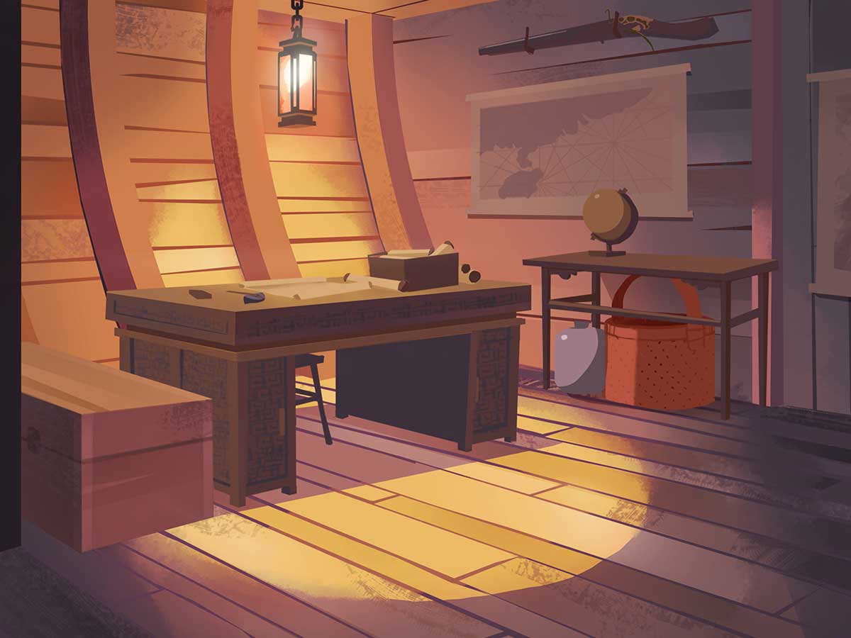 A desk space lit by a lantern within a wooden ship's interior.
